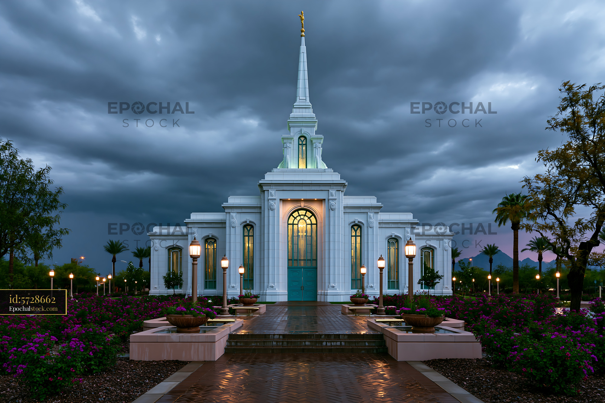 Watermarked full-resolution preview of Church building with a tall spire under stormy sky