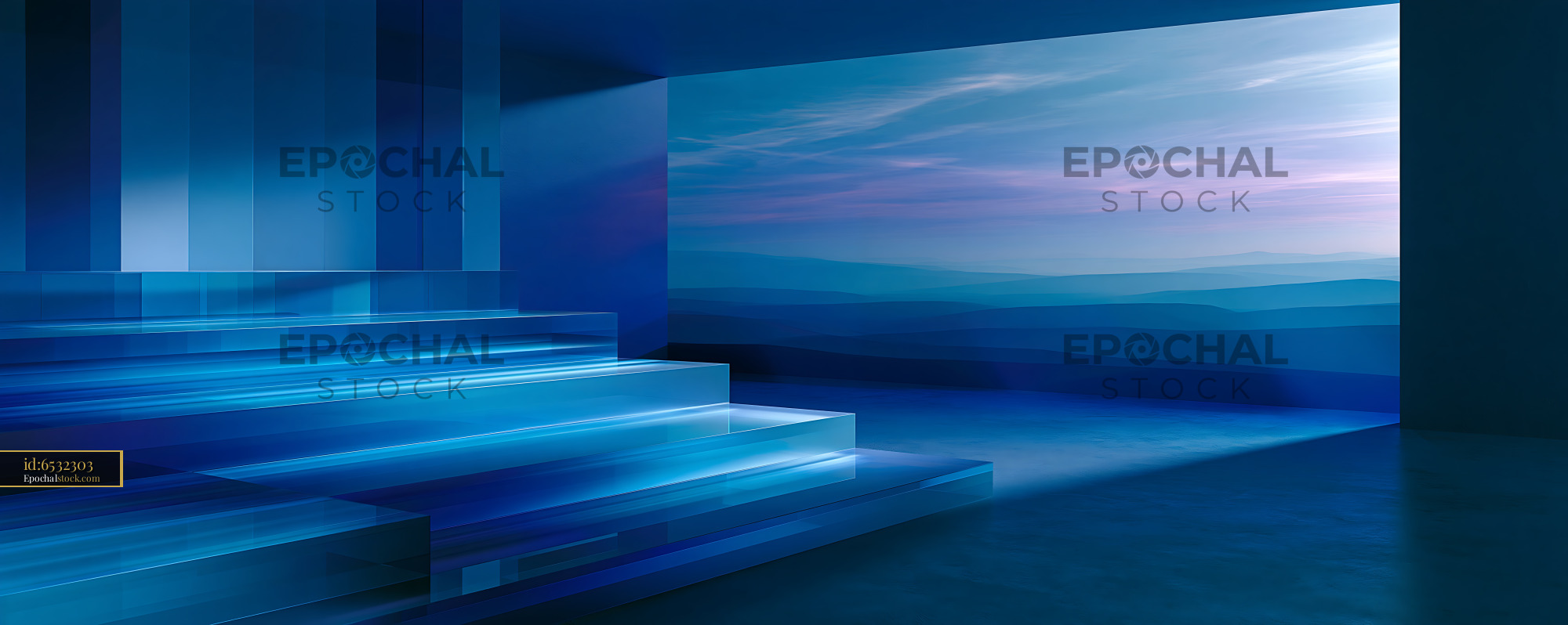 Watermarked full-resolution preview of Modern interior space with blue lighting and distant landscape view