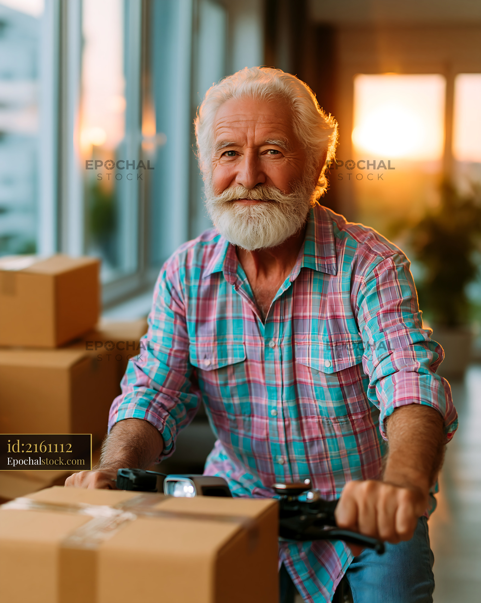 Watermarked full-resolution preview of Senior man smiling while delivering packages in a modern workspace