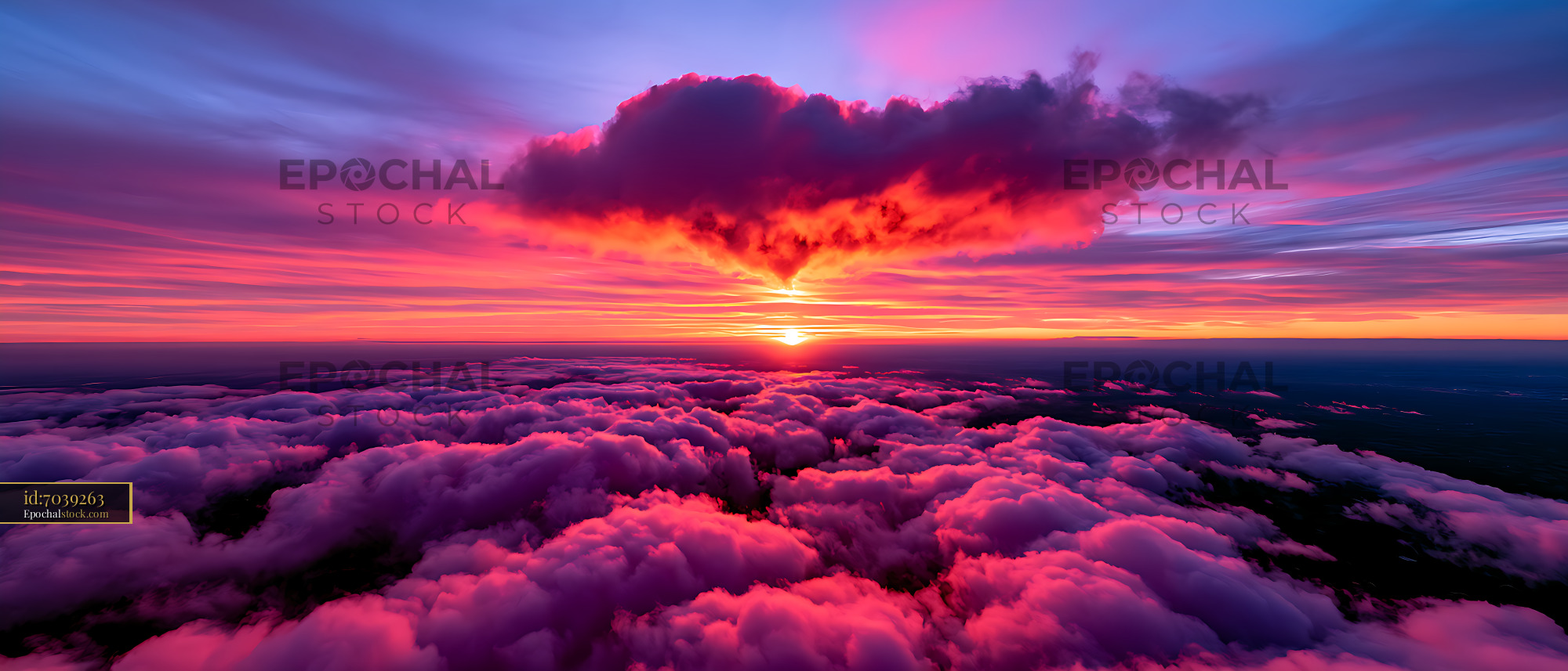 Watermarked full-resolution preview of Vibrant sunset above clouds with colorful sky