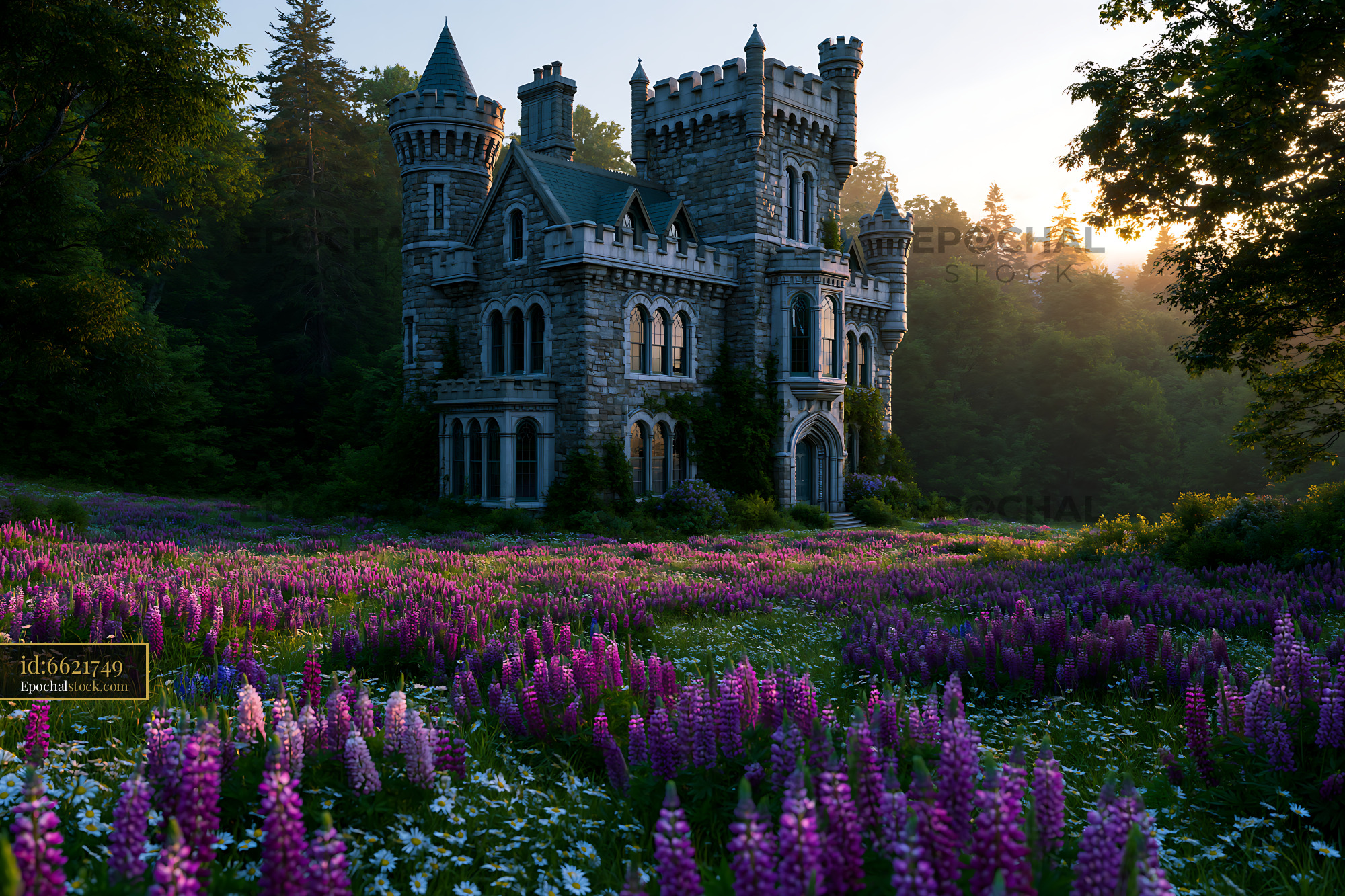 Watermarked full-resolution preview of Old stone castle surrounded by purple flowers at sunrise