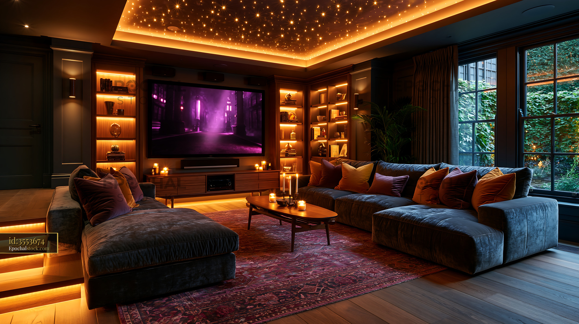 Watermarked full-resolution preview of Cozy living room with dark furniture and warm lighting at night