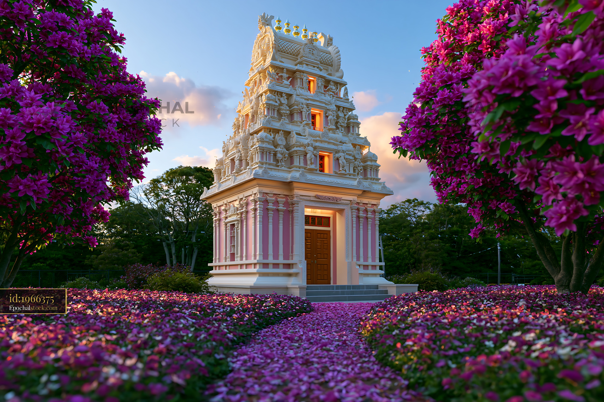 Watermarked full-resolution preview of Colorful temple surrounded by flowers in a garden
