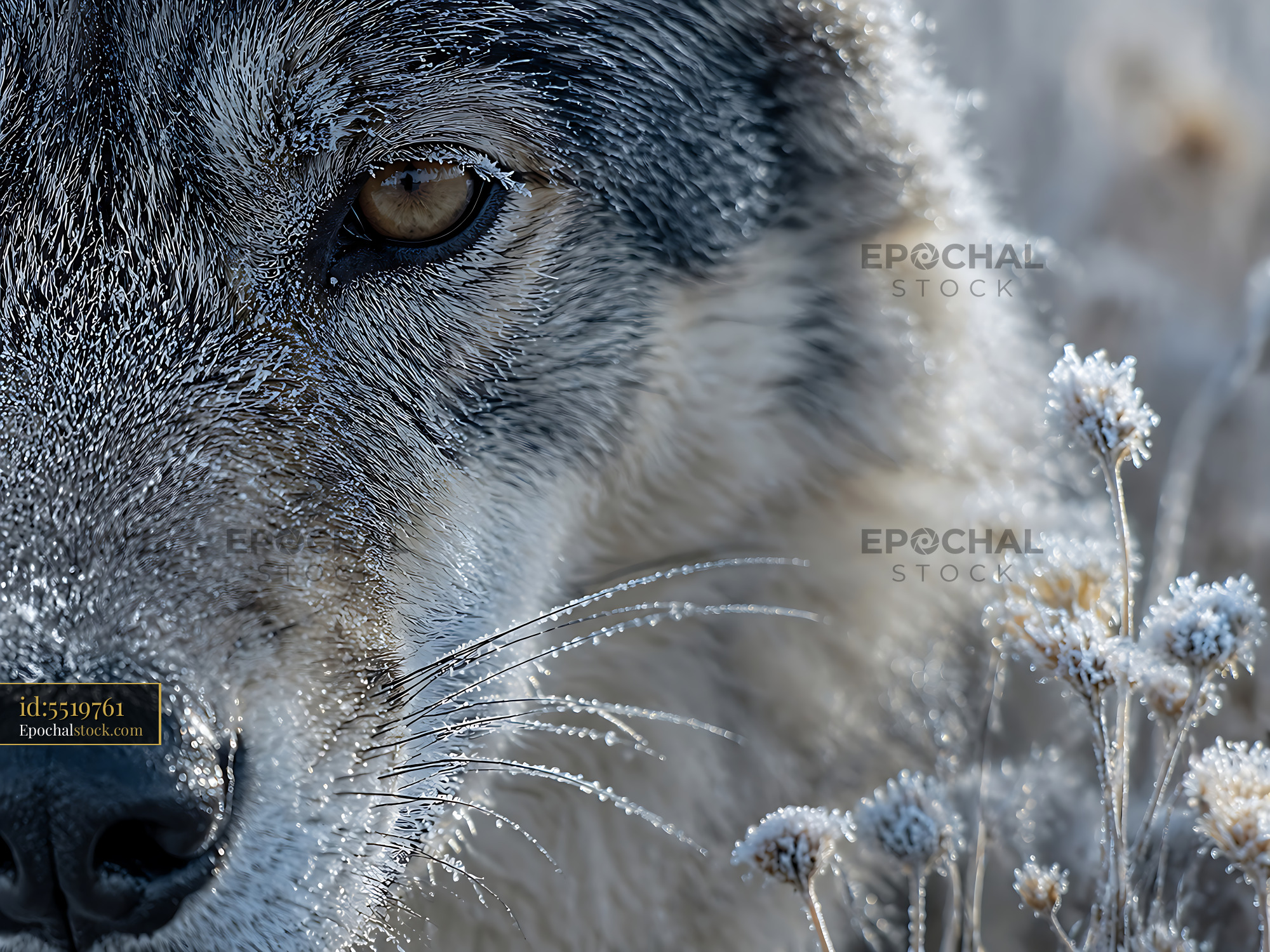 Watermarked full-resolution preview of Close-up of a wolf with frost-covered fur in a snowy landscape