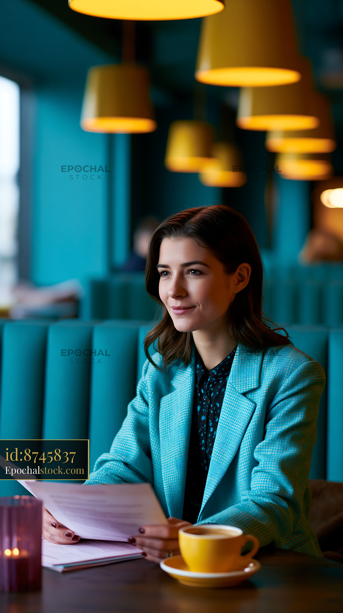 Watermarked full-resolution preview of Woman reviewing papers over coffee in a cafe