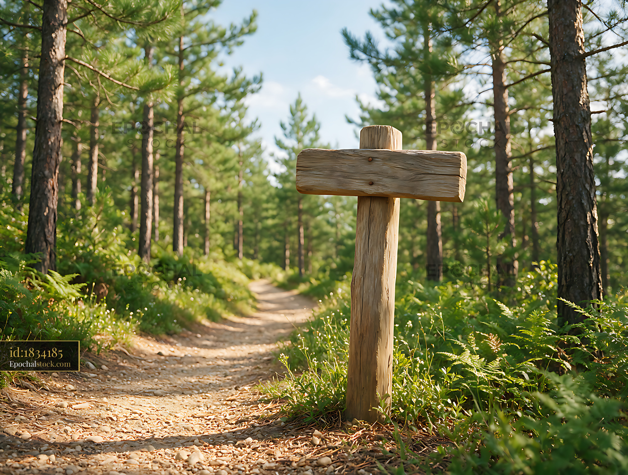 Watermarked full-resolution preview of Blank wooden sign along a forest hiking trail