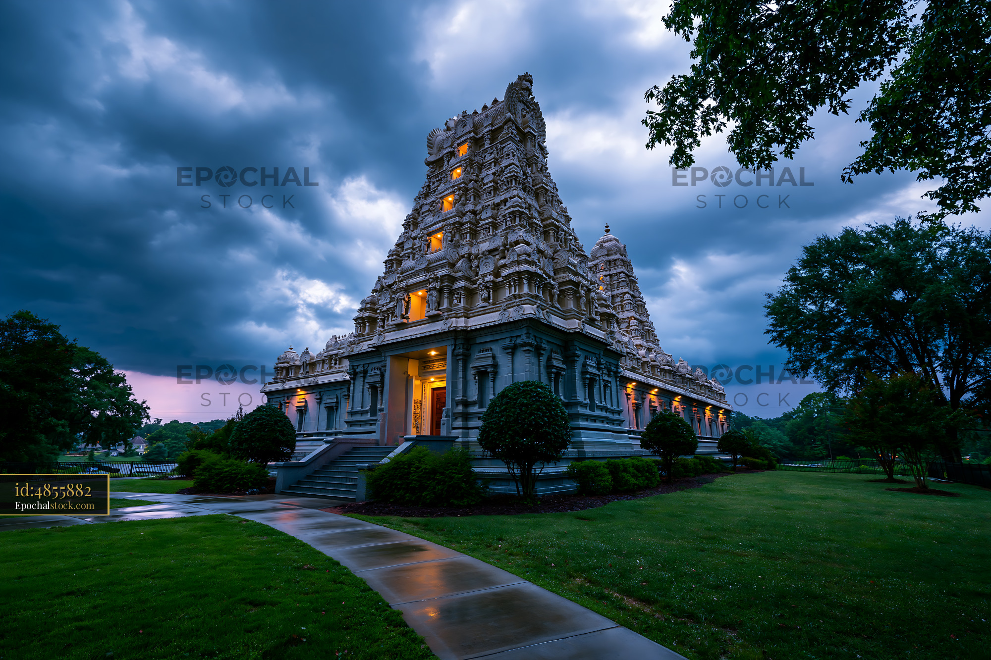 Watermarked full-resolution preview of Evening scene of a temple with cloudy sky