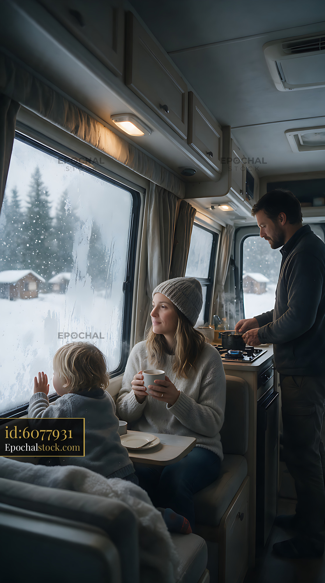 Watermarked full-resolution preview of Family enjoying a cozy winter moment in a camper van