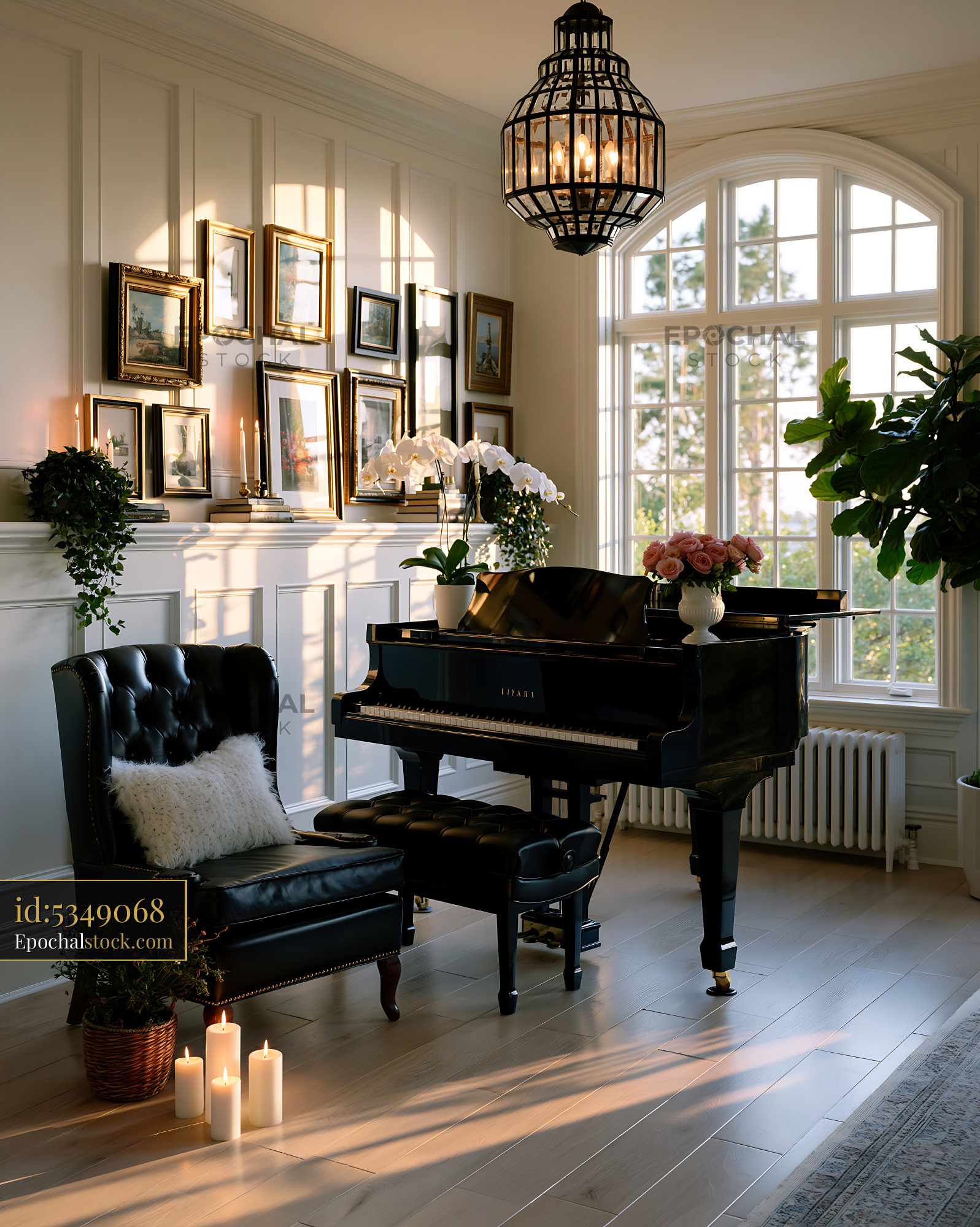 Watermarked full-resolution preview of Elegant room with a piano and a cozy chair by the window