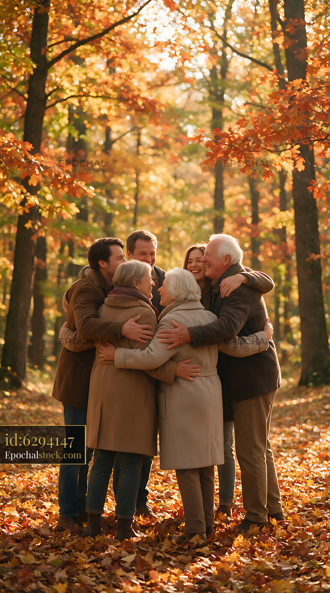Watermarked full-resolution preview of Family embrace among autumn leaves