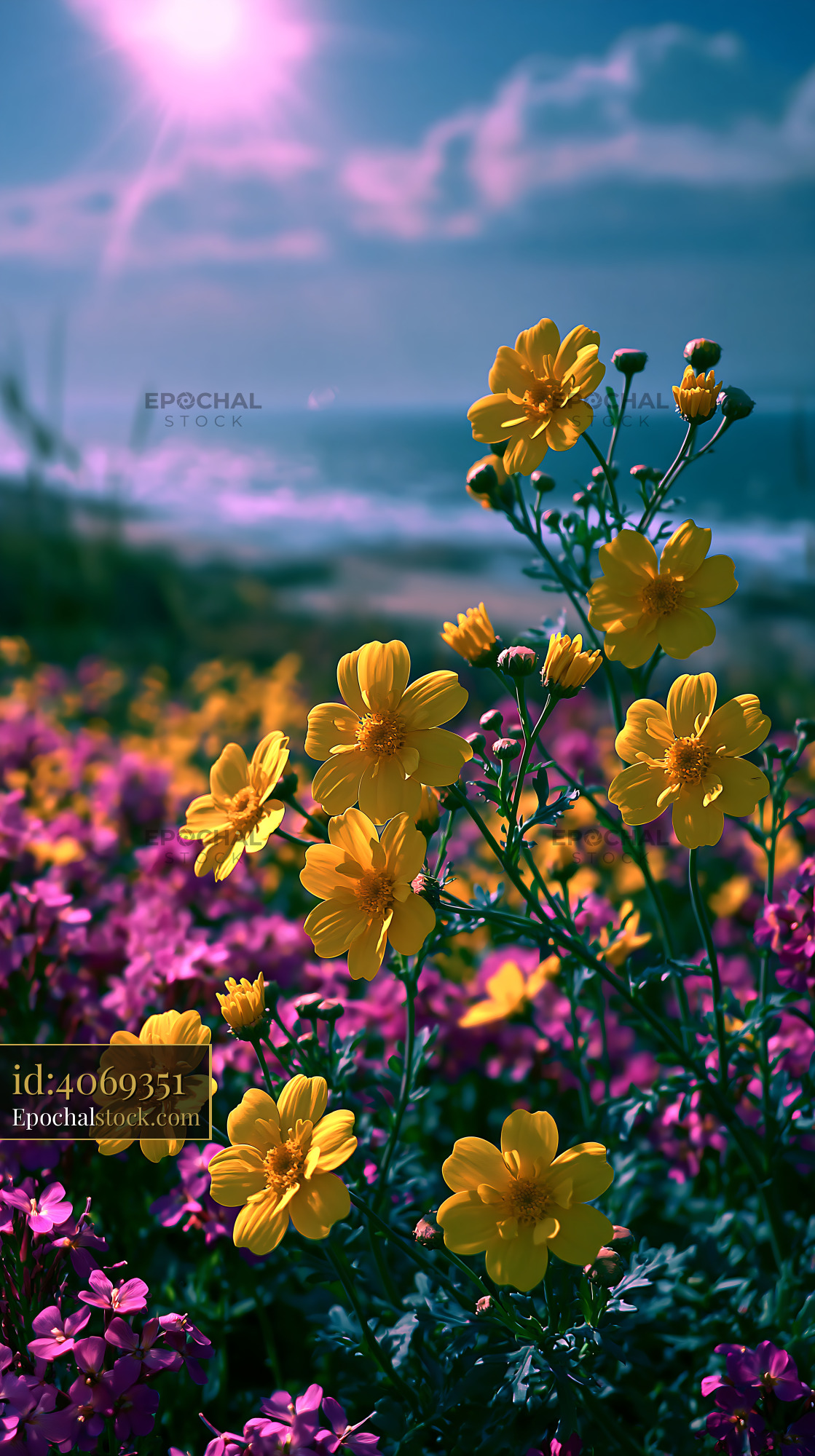 Watermarked full-resolution preview of Vibrant flowers in bloom by the ocean shore during sunset
