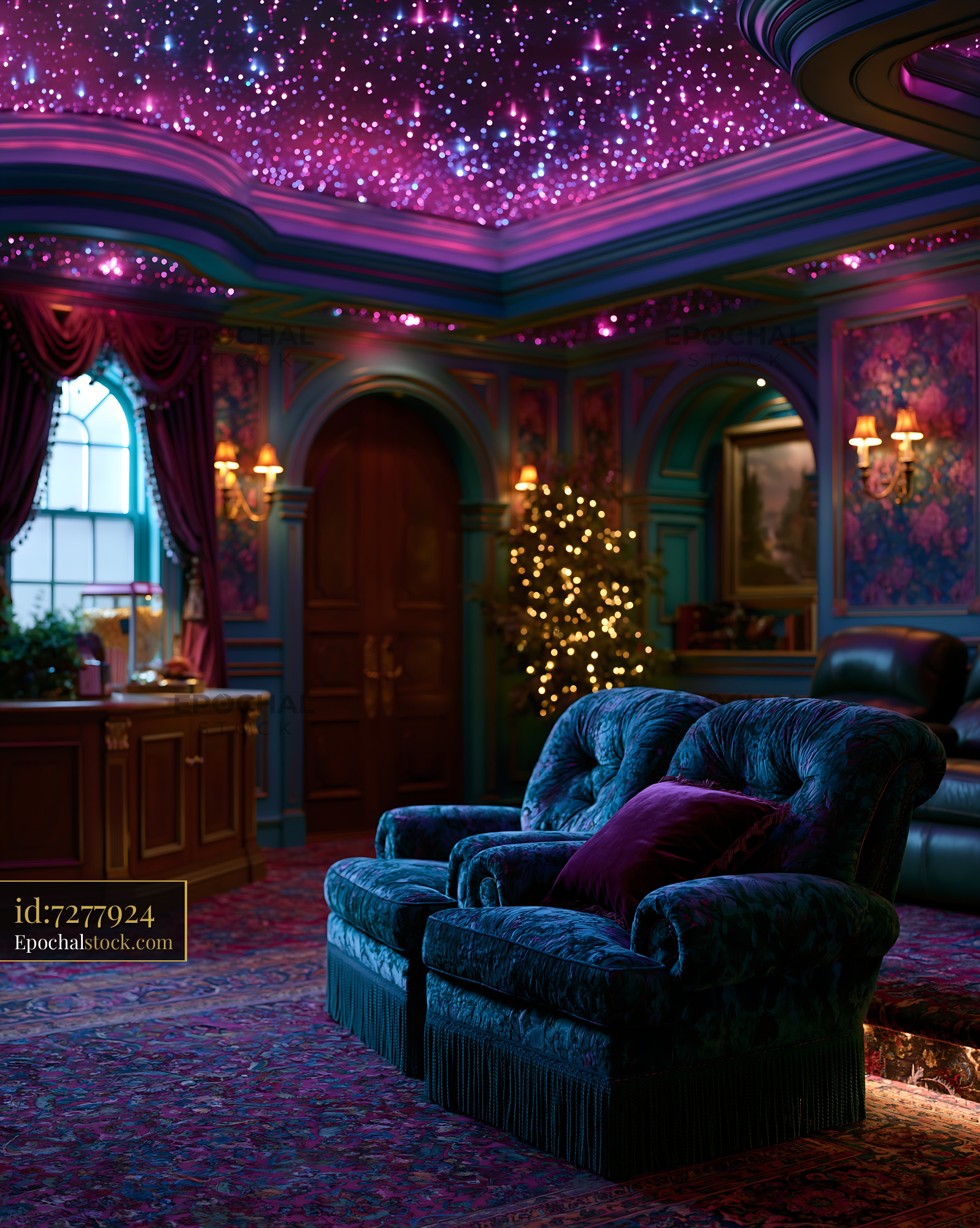 Watermarked full-resolution preview of Cozy seating area with colorful ceiling lights and festive decor