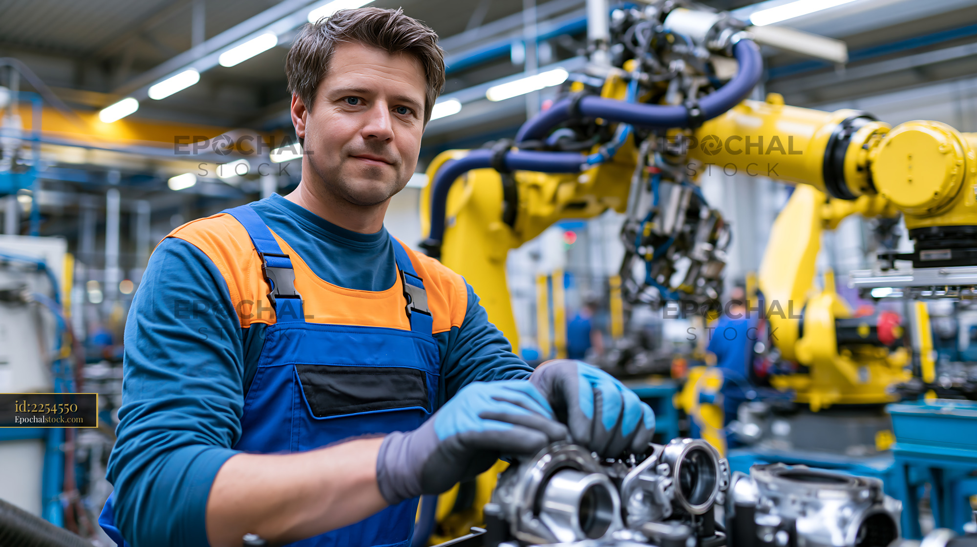 Watermarked full-resolution preview of Worker assembling machinery in a modern factory setting