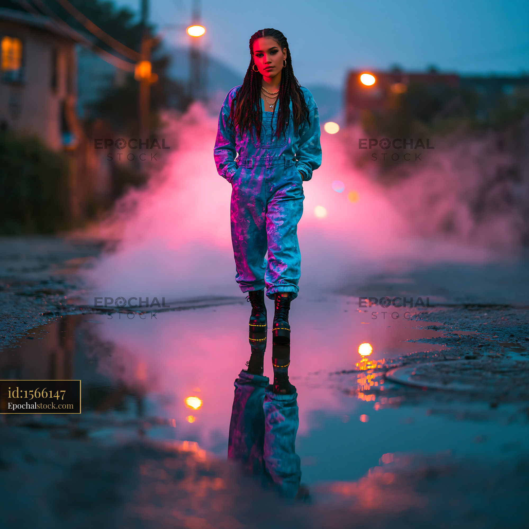 Watermarked full-resolution preview of Woman in blue outfit walks through urban street at dusk
