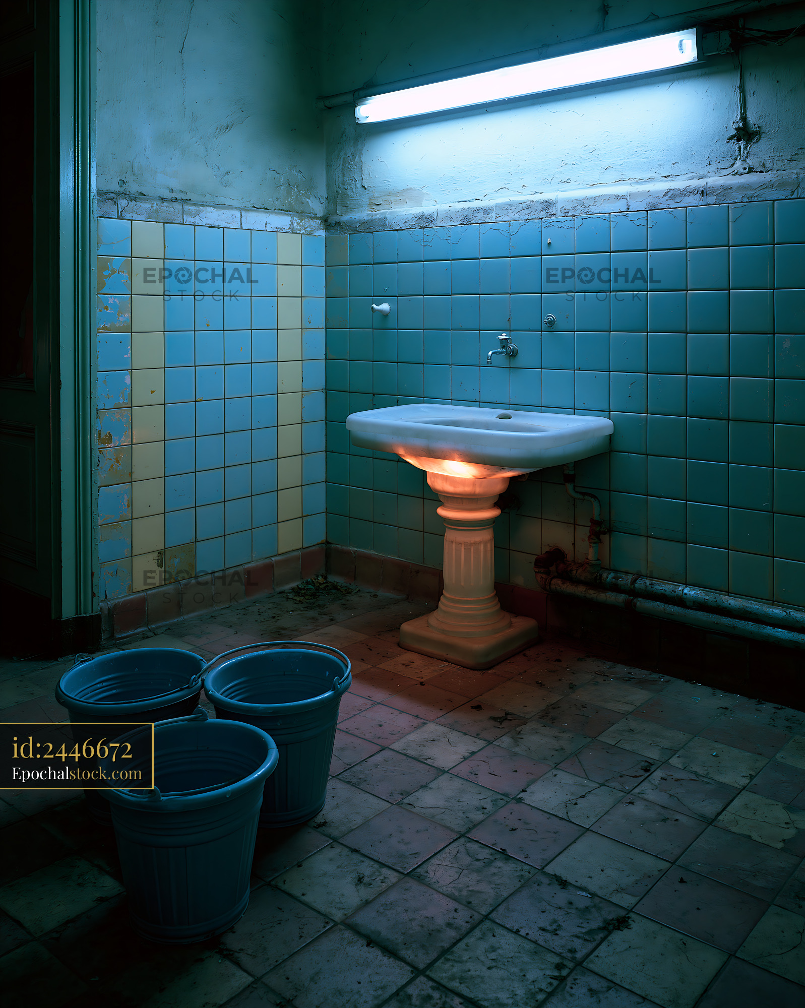 Watermarked full-resolution preview of Bathroom with a sink and buckets in a neglected space