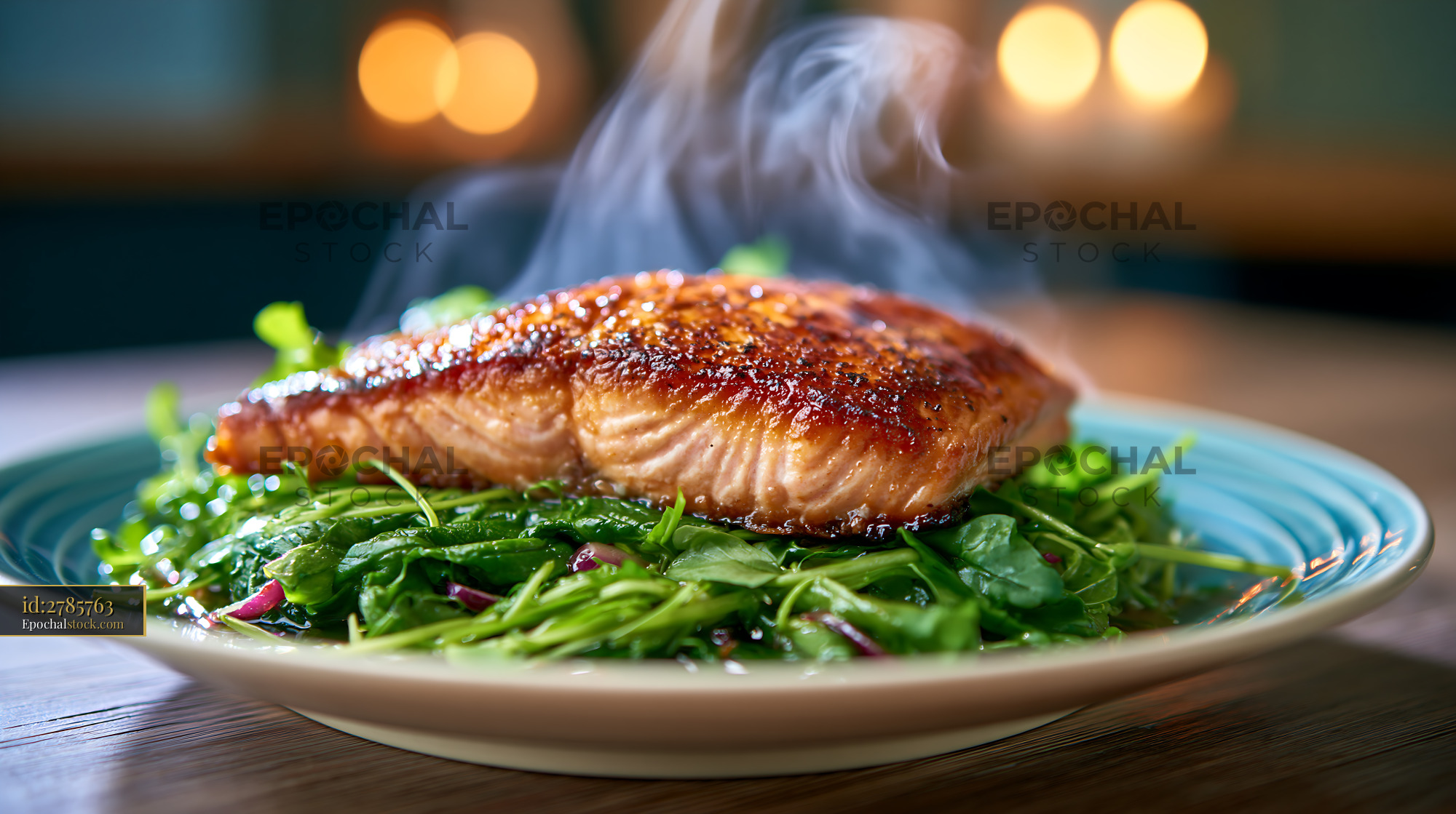 Watermarked full-resolution preview of Grilled salmon served on a bed of fresh greens with steam rising