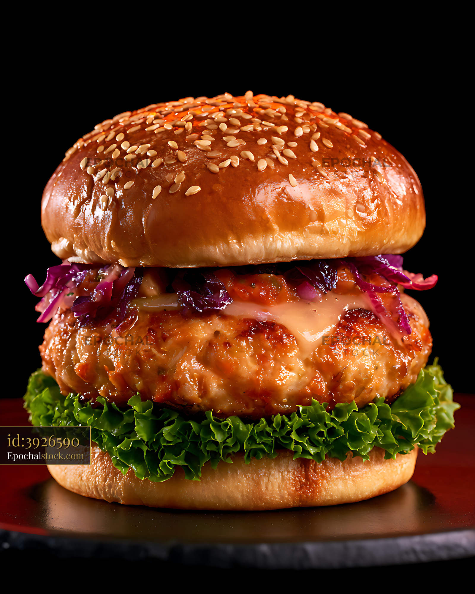 Watermarked full-resolution preview of Close-up gourmet cheeseburger with fresh lettuce and sesame bun