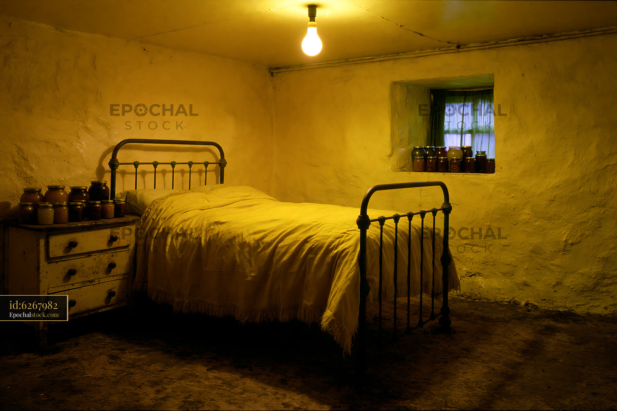 Watermarked full-resolution preview of Old bedroom with a bed and jars on a windowsill