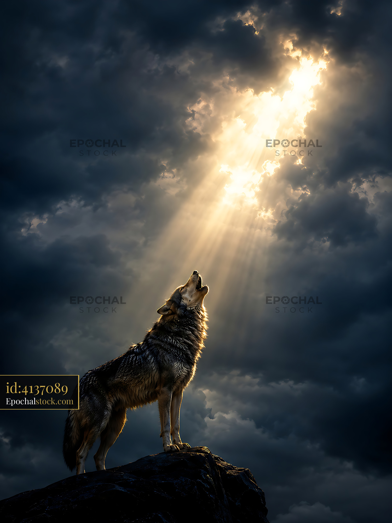 Watermarked full-resolution preview of Wolf howls under bright rays of light in stormy sky