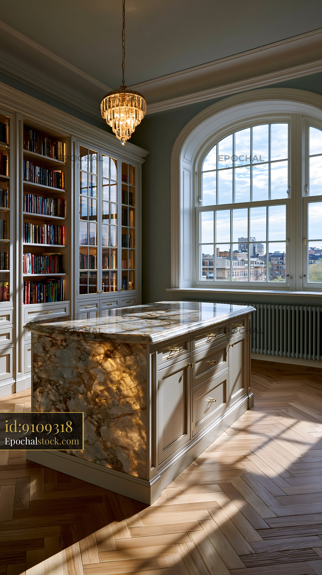 Watermarked full-resolution preview of Luxury kitchen interior with marble island and arched window