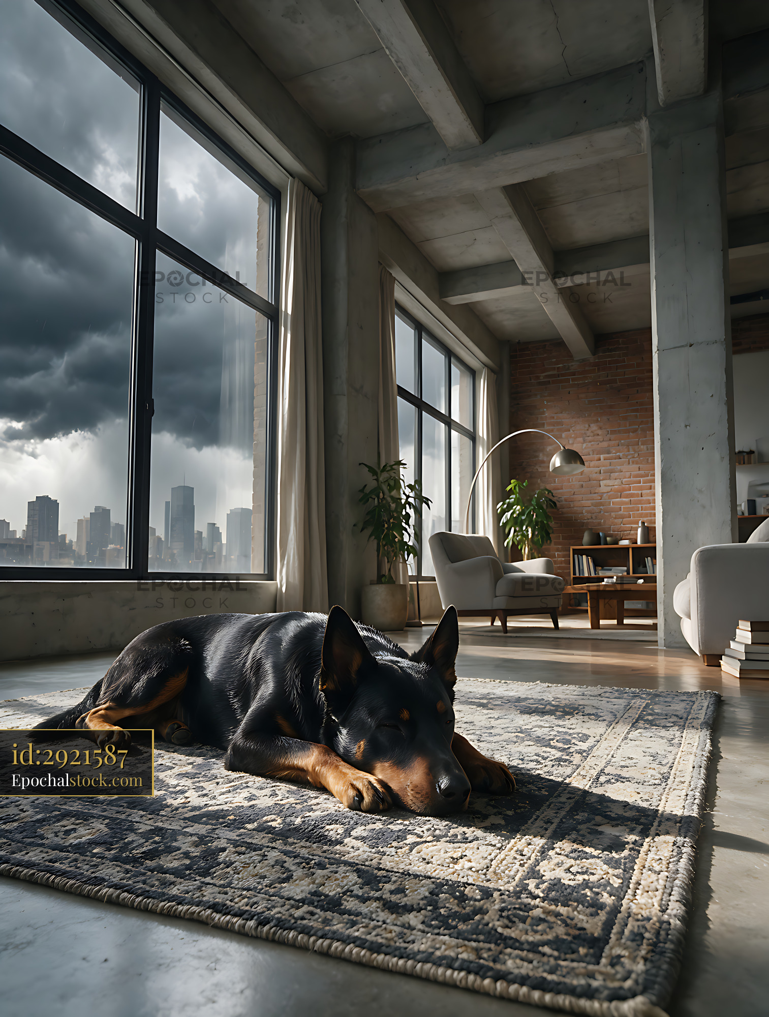 Watermarked full-resolution preview of Dog resting on a patterned rug in a sunlit loft