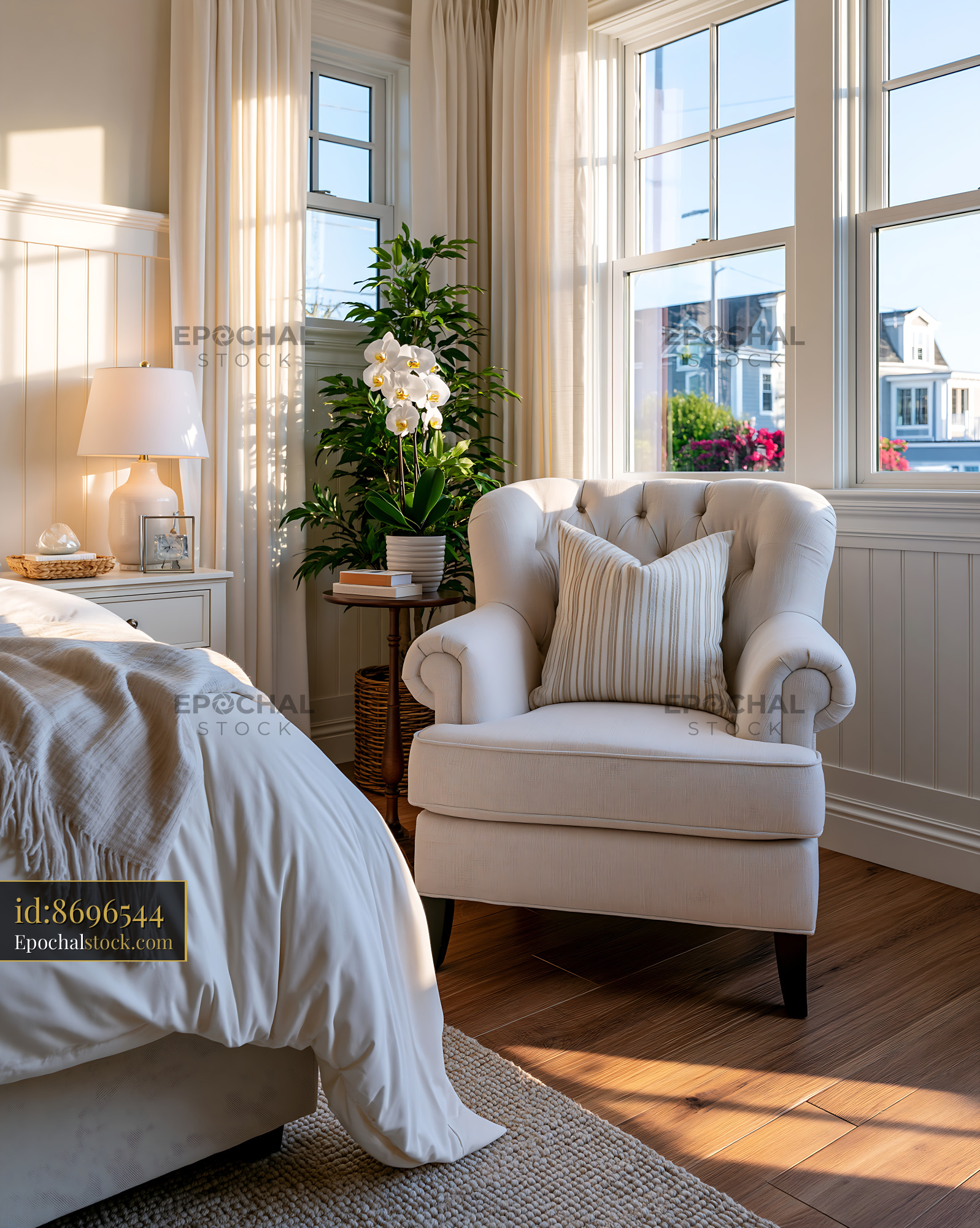 Watermarked full-resolution preview of Sunlight fills a cozy bedroom with a chair and plants