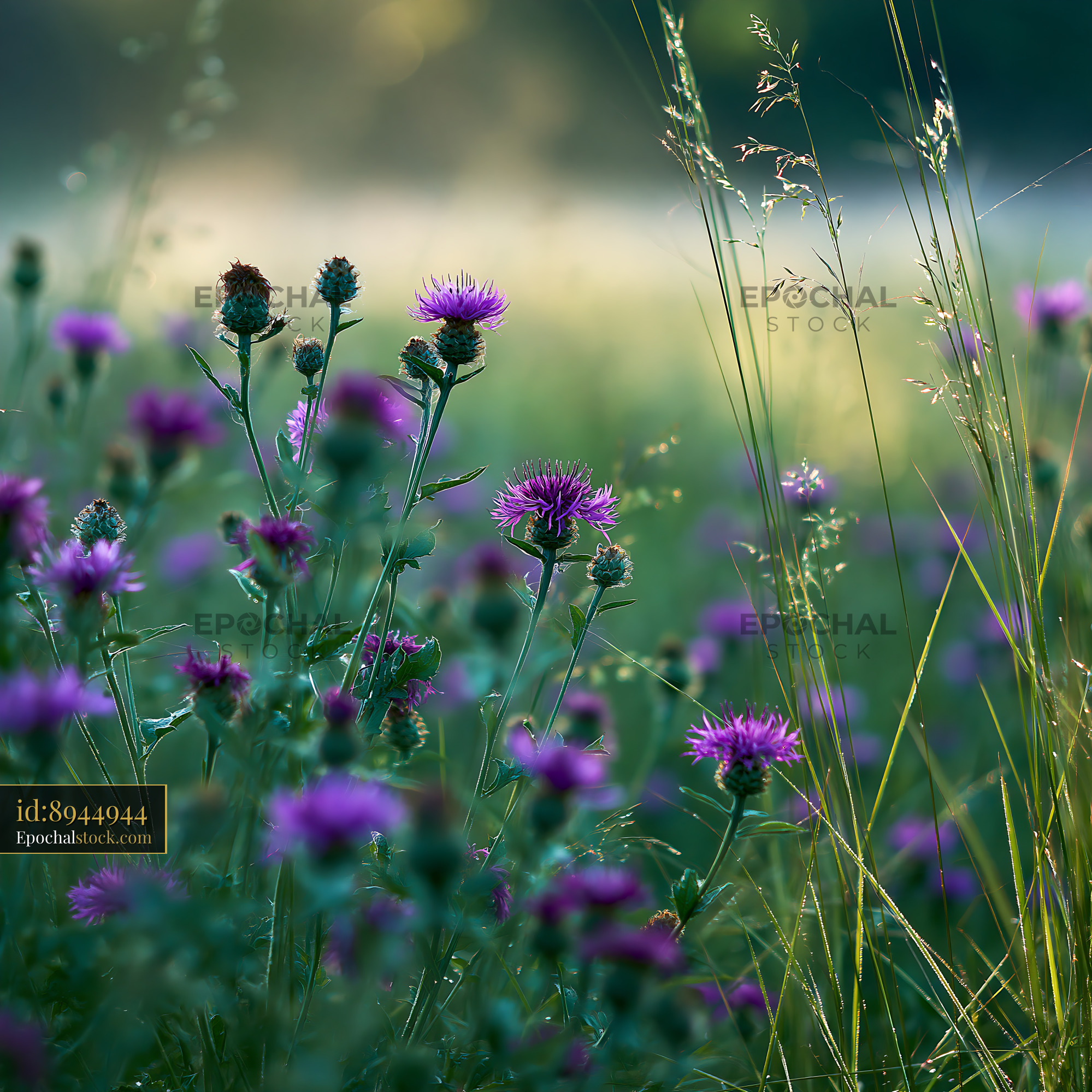 Watermarked full-resolution preview of Purple thistle flowers blooming in a field during sunset