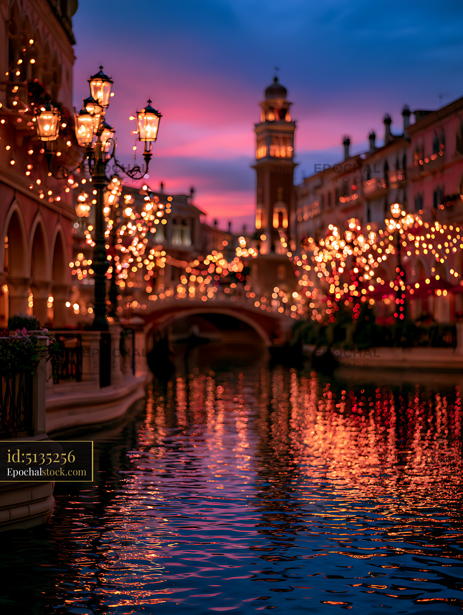 Watermarked full-resolution preview of Colorful twilight canal with glowing lights and reflections
