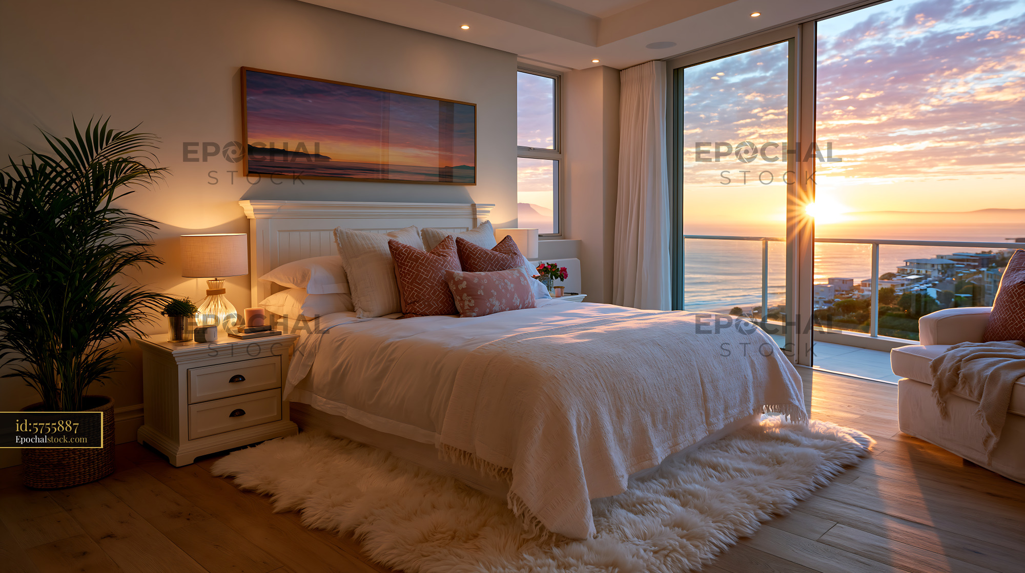 Watermarked full-resolution preview of Sunset view from a cozy bedroom with modern decor