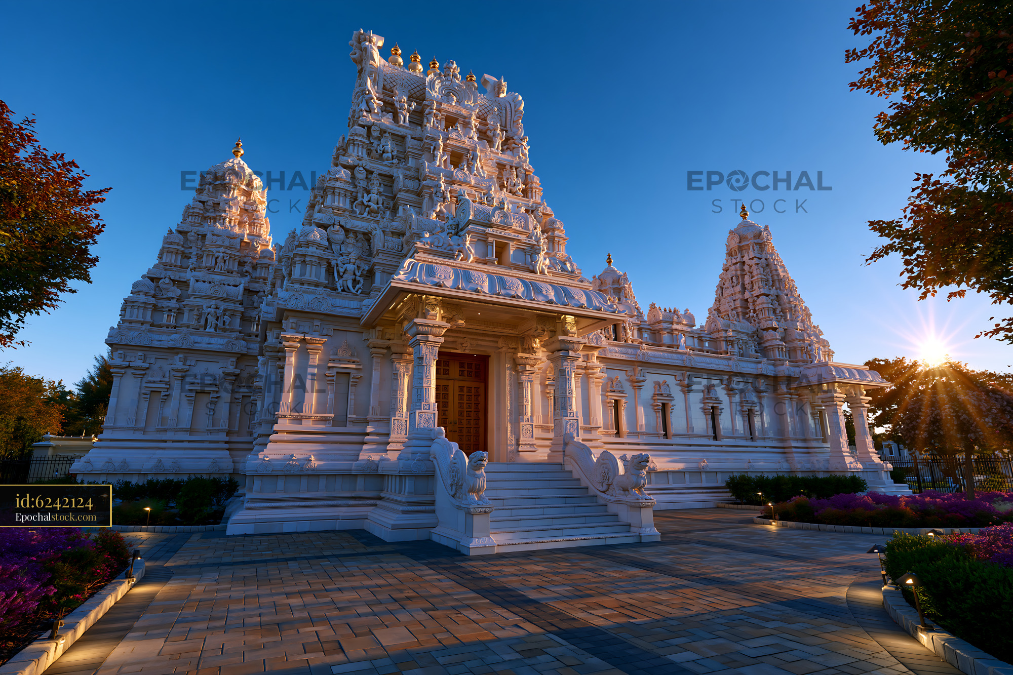 Watermarked full-resolution preview of Temple at sunset with intricate architecture and surrounding gardens