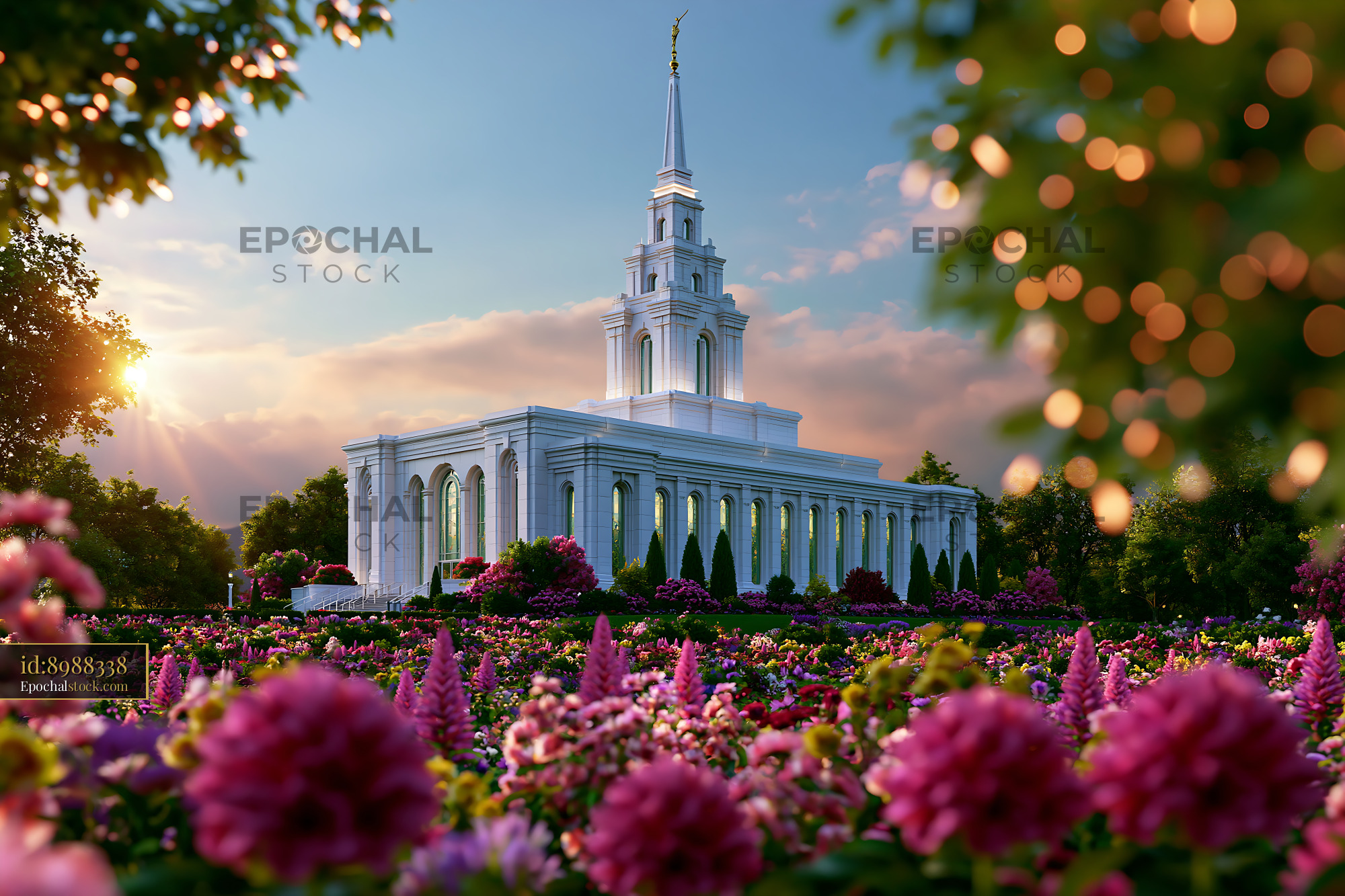Watermarked full-resolution preview of Beautiful temple surrounded by flowers in sunset light