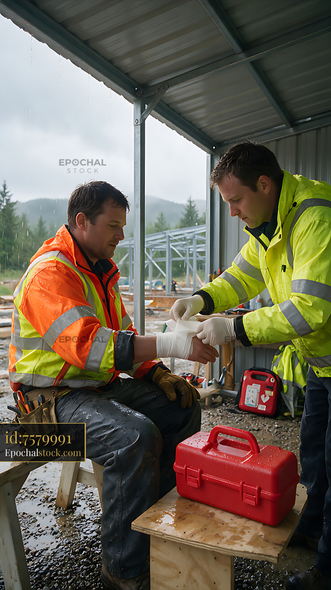 Watermarked full-resolution preview of Workplace first aid for an injured construction worker