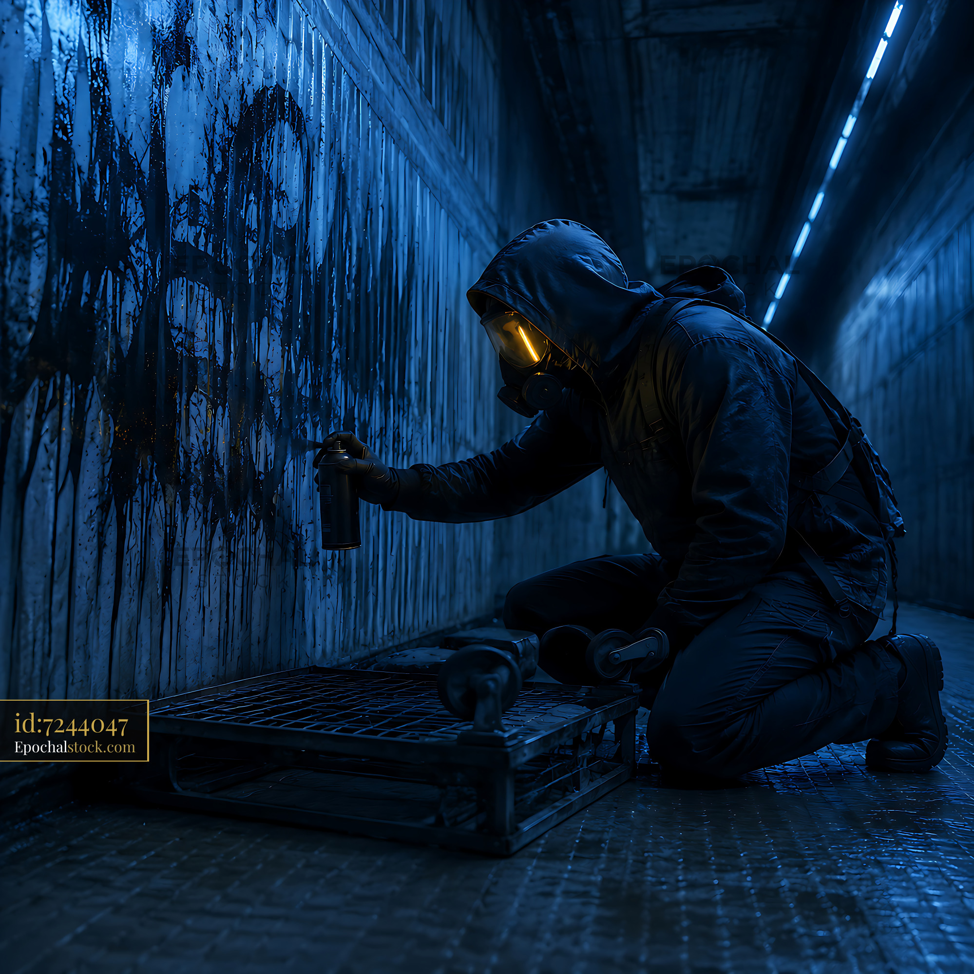 Watermarked full-resolution preview of Graffiti artist spray painting in urban tunnel at night