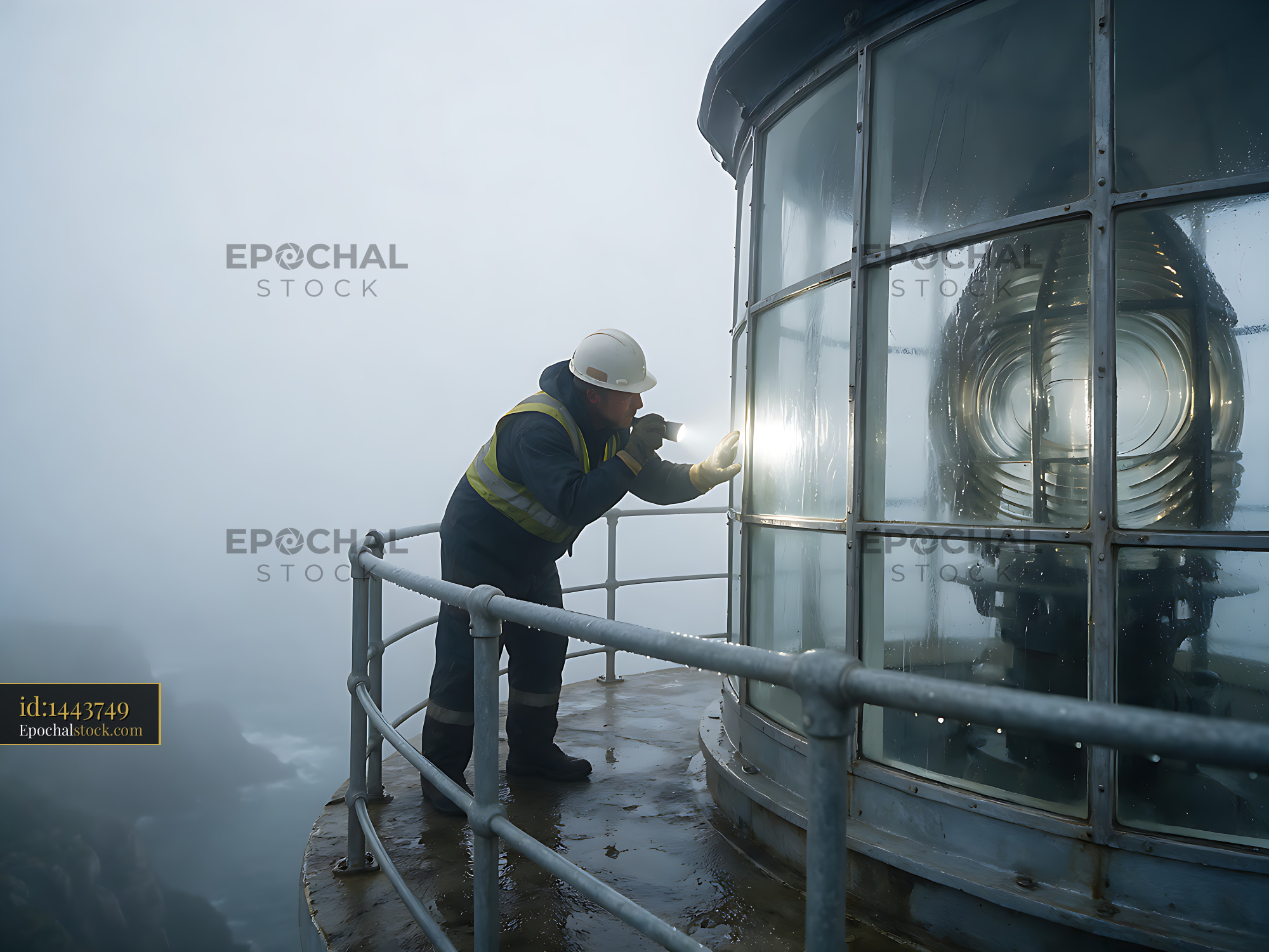 Lighthouse in heavy ocean fog with a worker maintaining the light