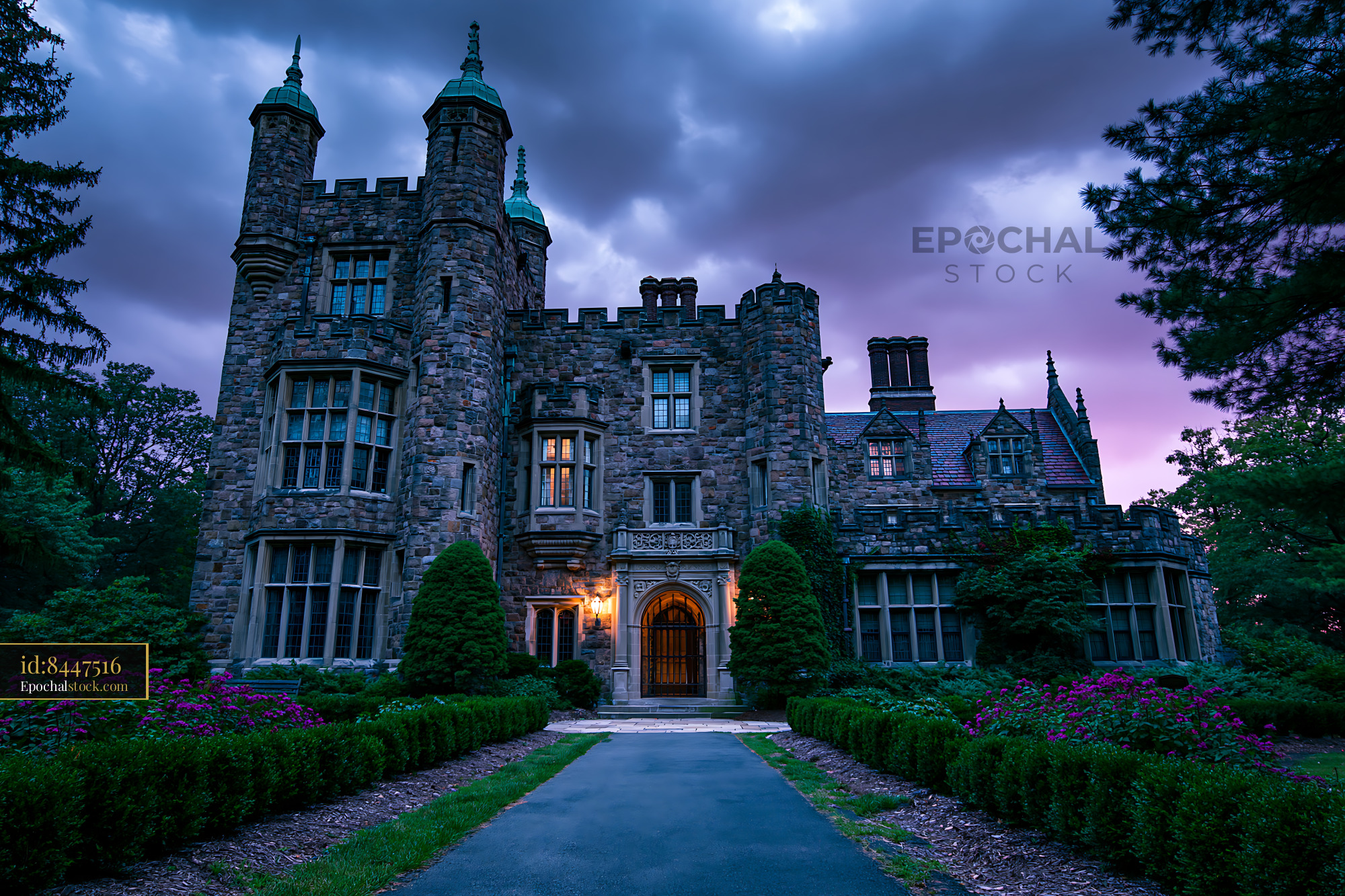 Watermarked full-resolution preview of Historic stone mansion in twilight with dramatic skies