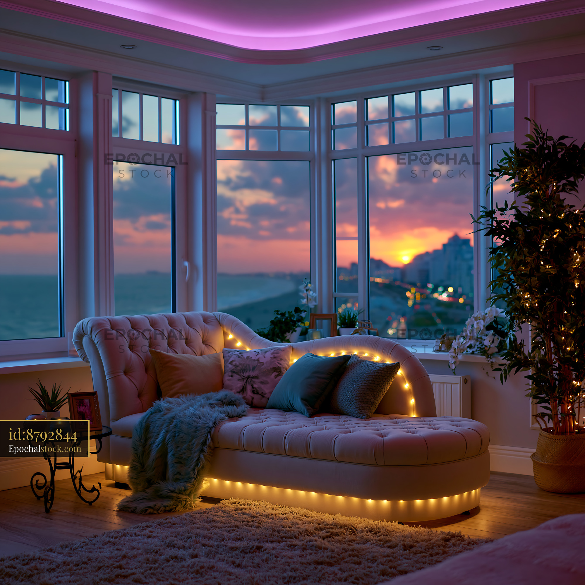 Watermarked full-resolution preview of Cozy living room with sunset view and decorative lighting