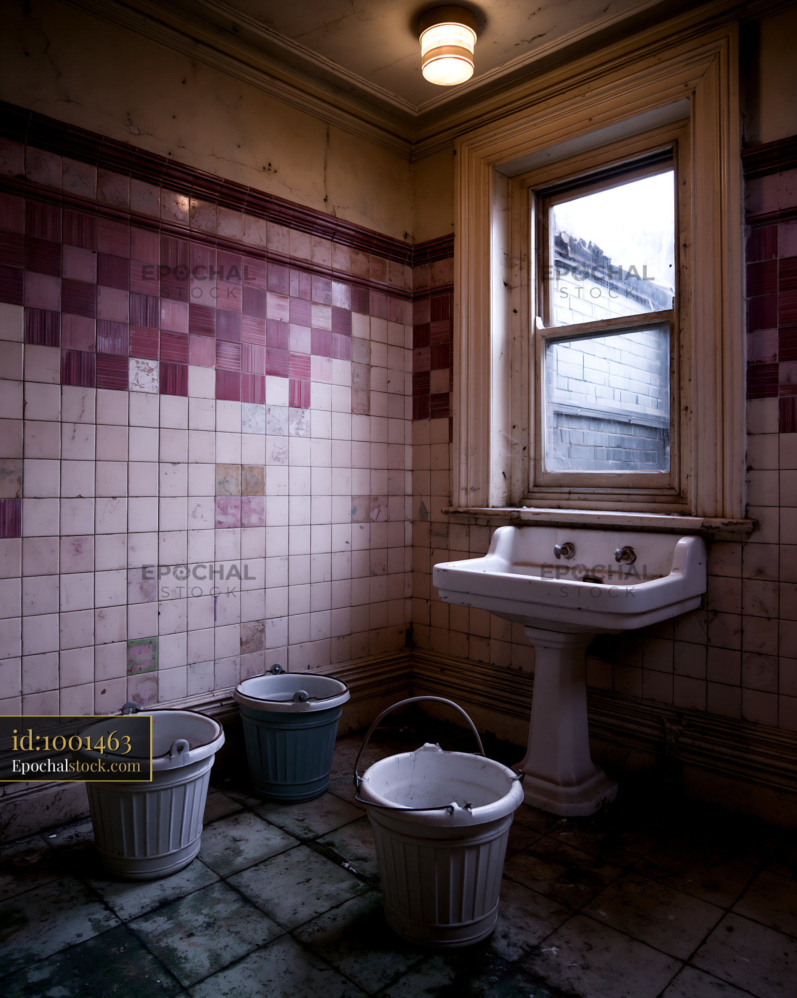 Watermarked full-resolution preview of Old bathroom with dirty tiles and buckets on the floor