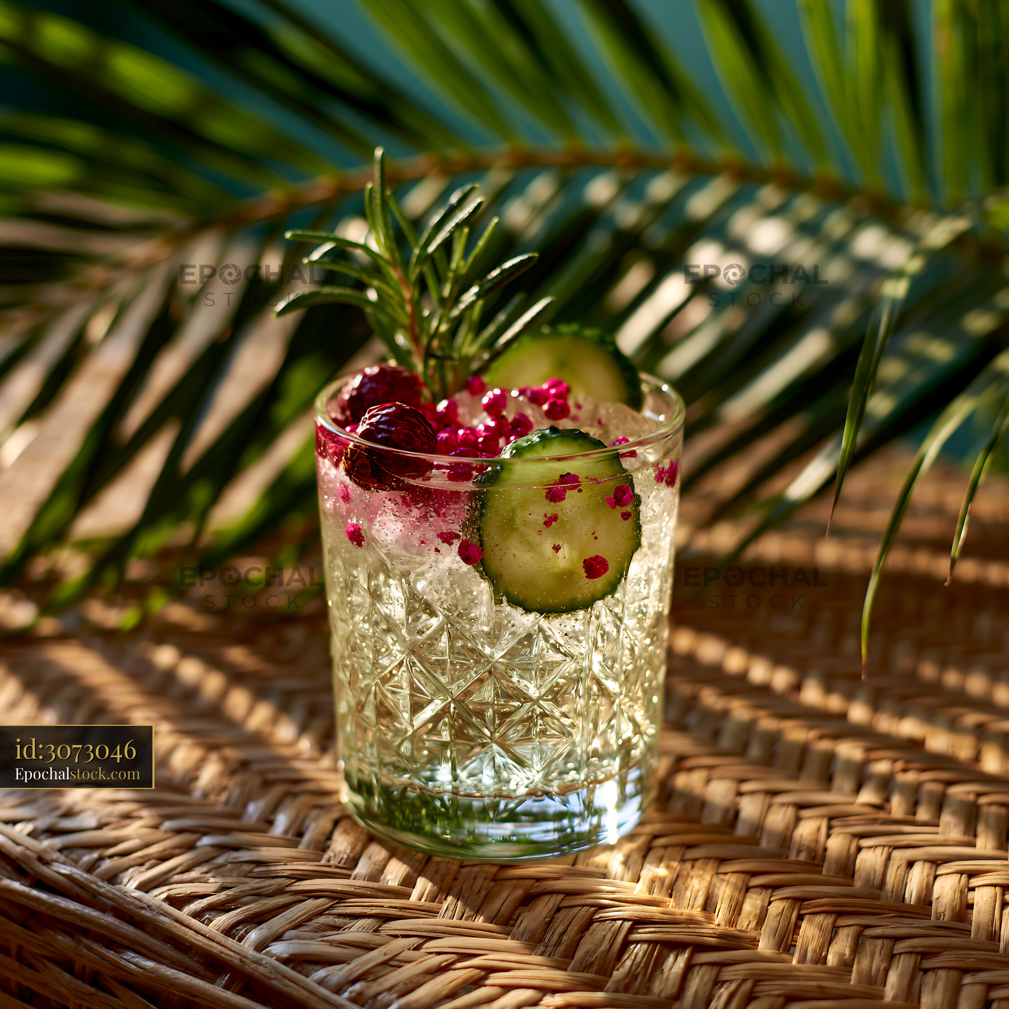 Watermarked full-resolution preview of Fresh cocktail with cucumber and berries on a woven surface
