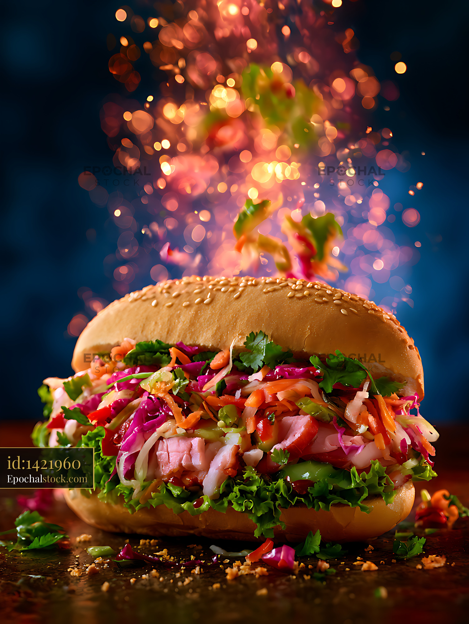 Watermarked full-resolution preview of Vibrant deli sandwich with sesame bun and colorful fillings