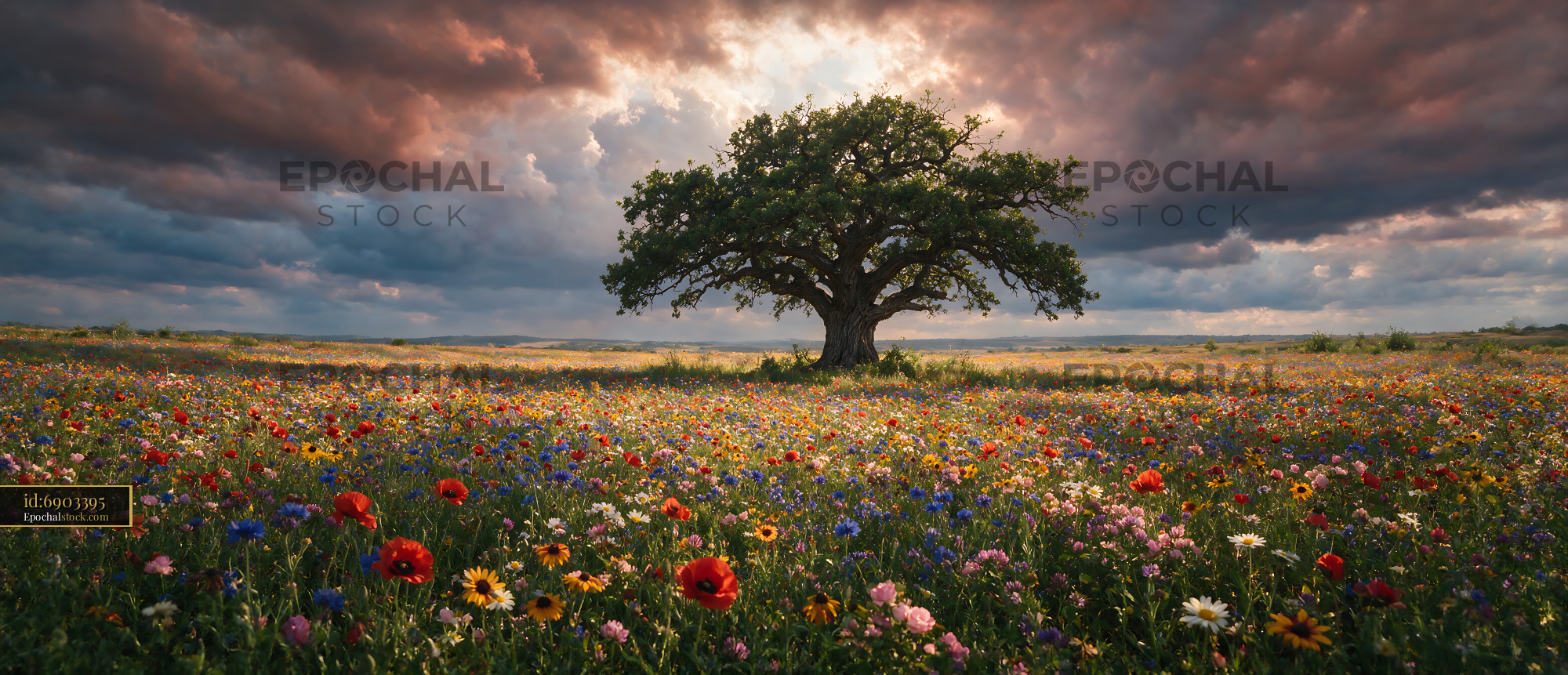 Watermarked full-resolution preview of Vibrant wildflower field with a lone tree under dramatic clouds
