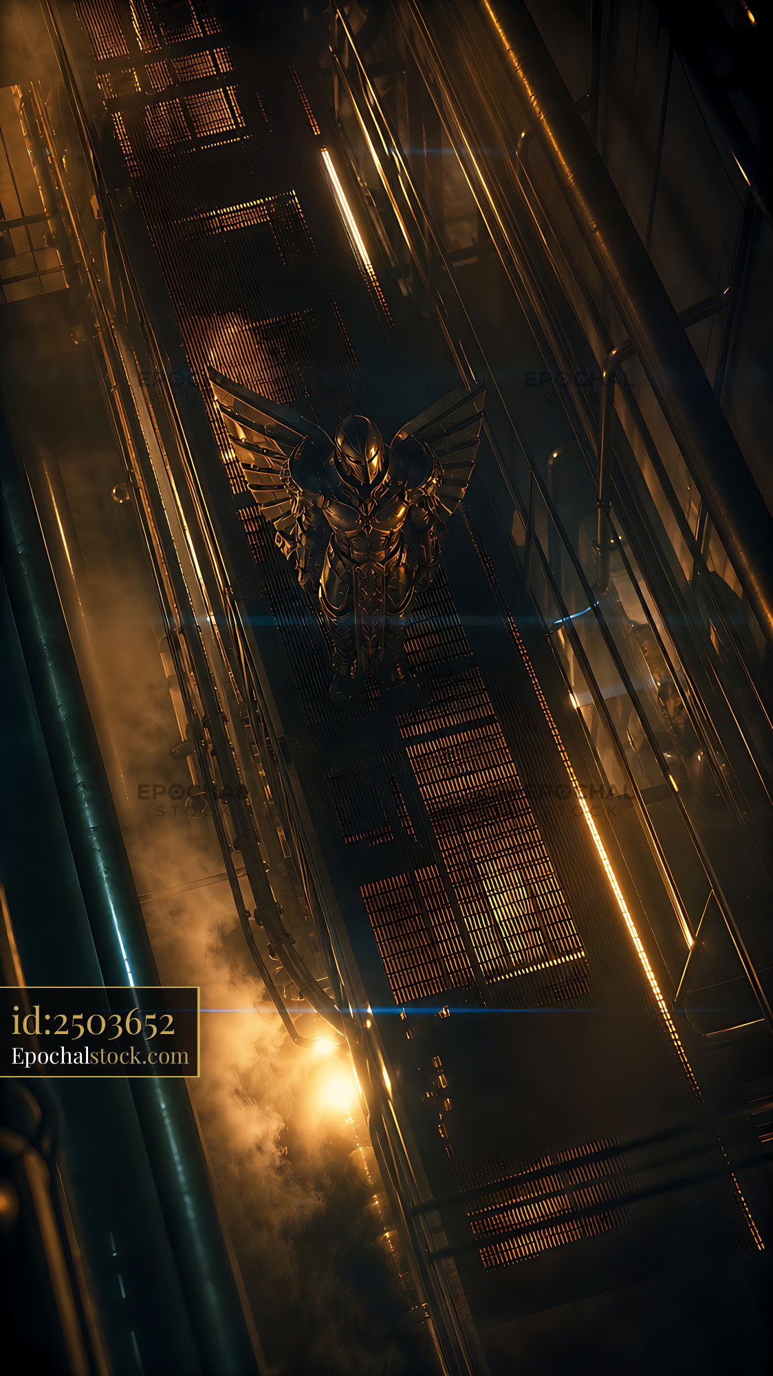 Watermarked full-resolution preview of Golden armored figure in industrial setting with glowing lights