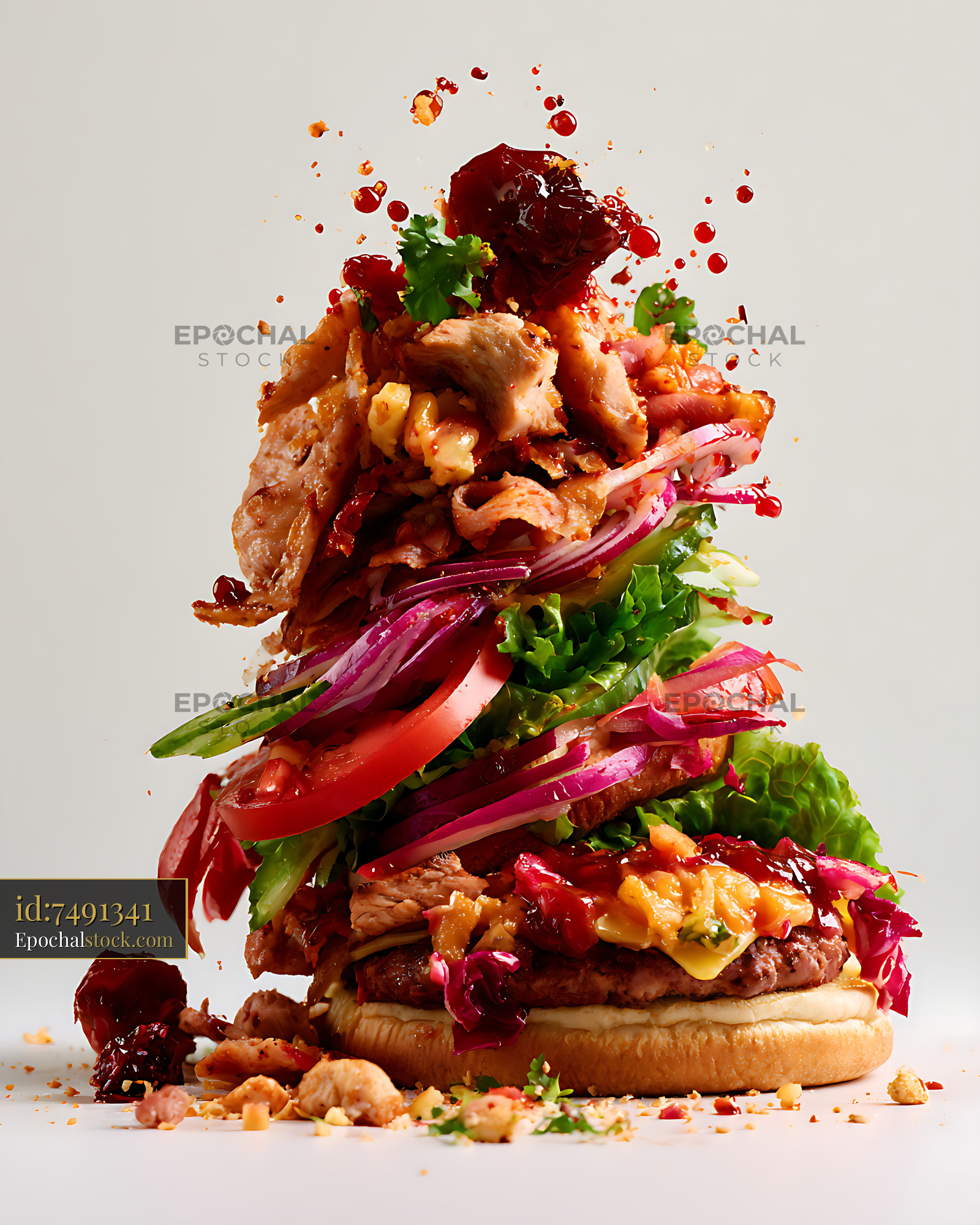 Watermarked full-resolution preview of Colorful loaded hamburger with fresh vegetables and sauce