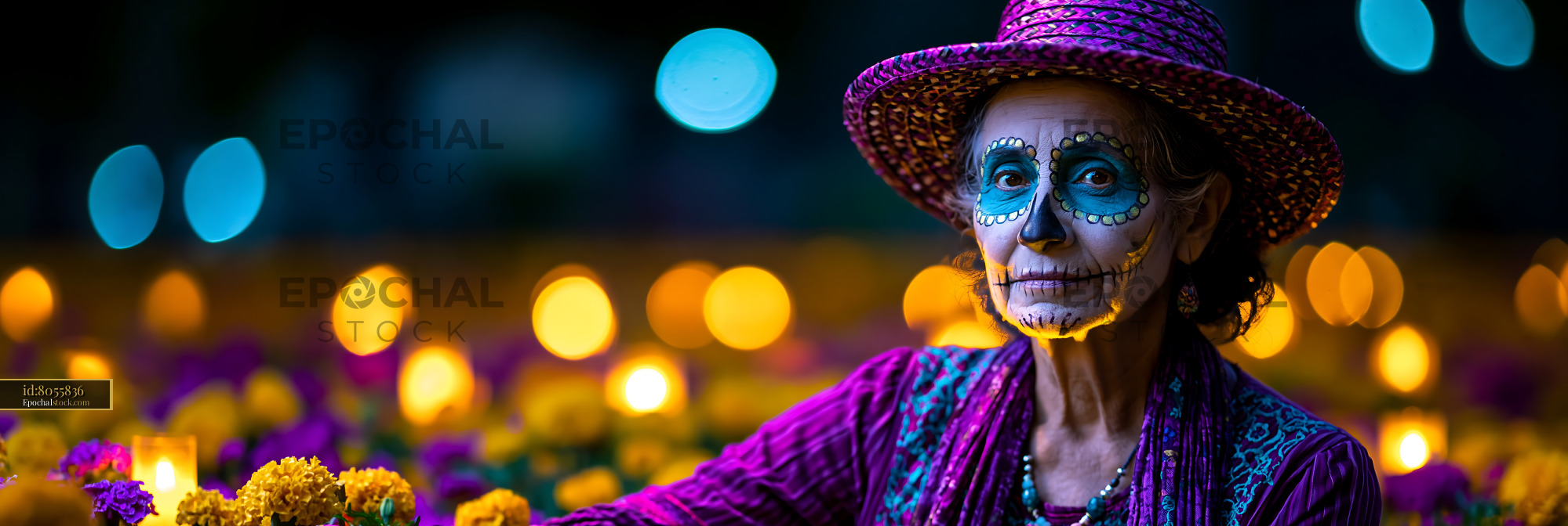 Watermarked full-resolution preview of Portrait of woman with skull-inspired makeup among flowers and candles