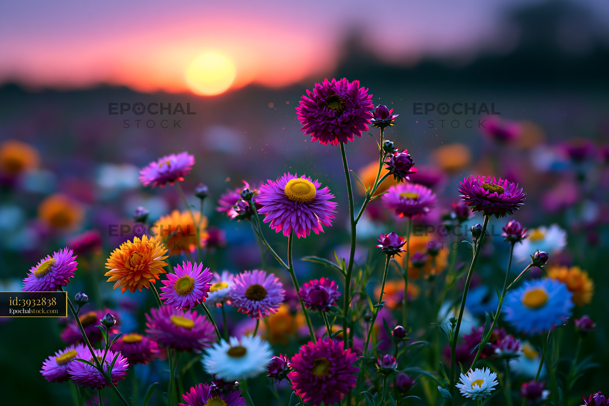 Watermarked full-resolution preview of Colorful wildflowers bloom at sunset in a field