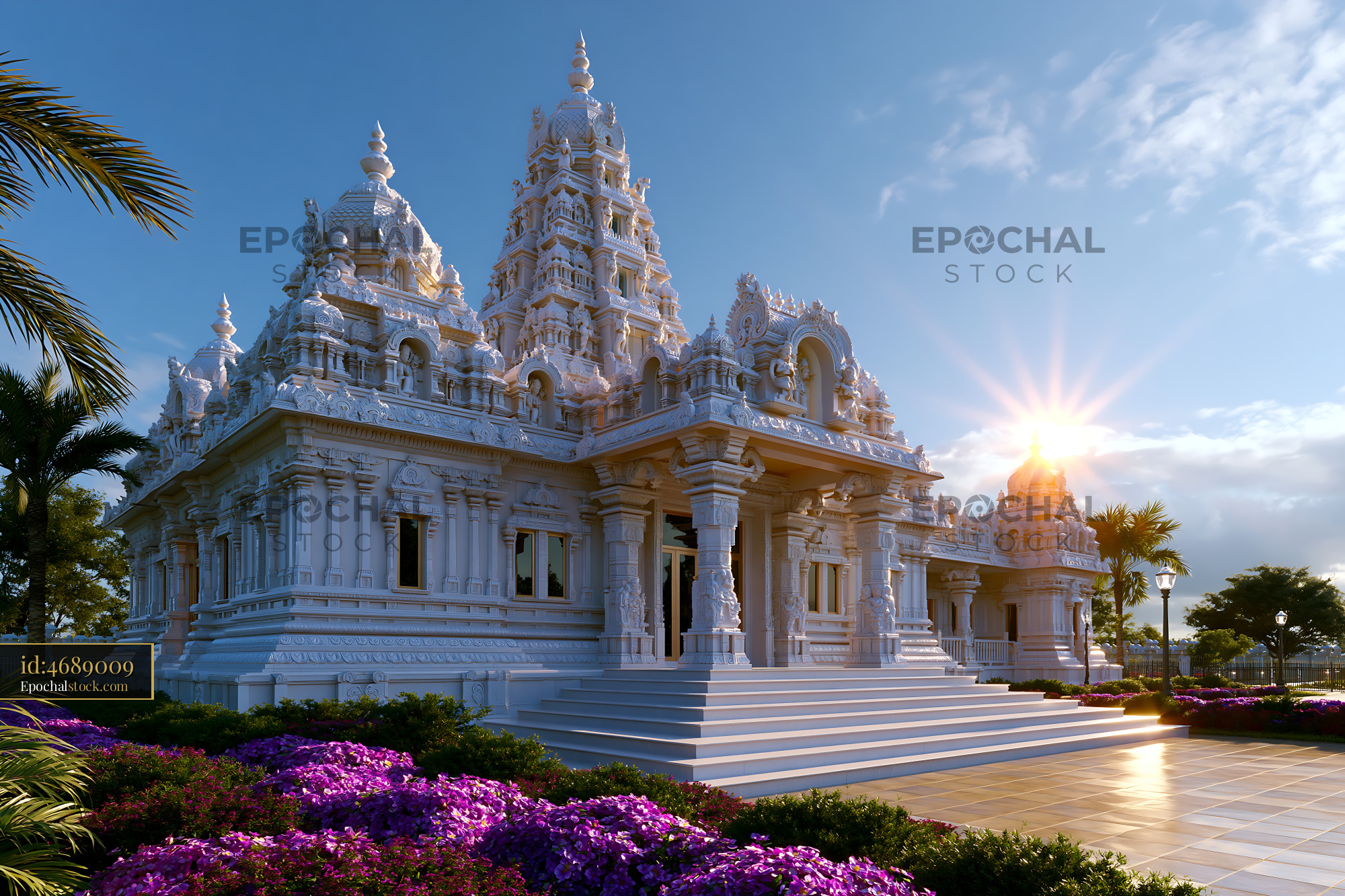 Watermarked full-resolution preview of Sunset behind a white temple and purple flowers