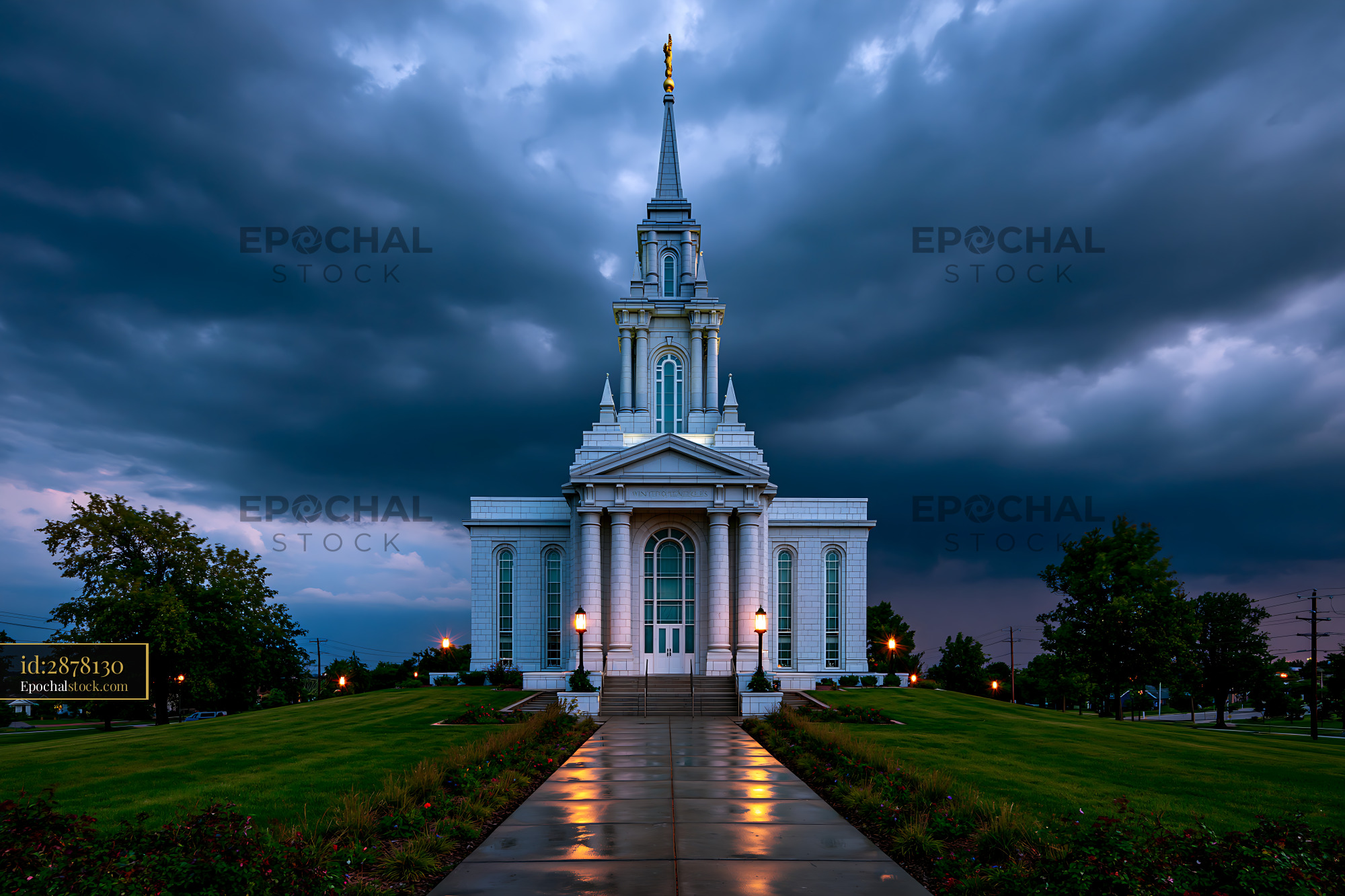Watermarked full-resolution preview of Illuminated white temple after rain under stormy skies