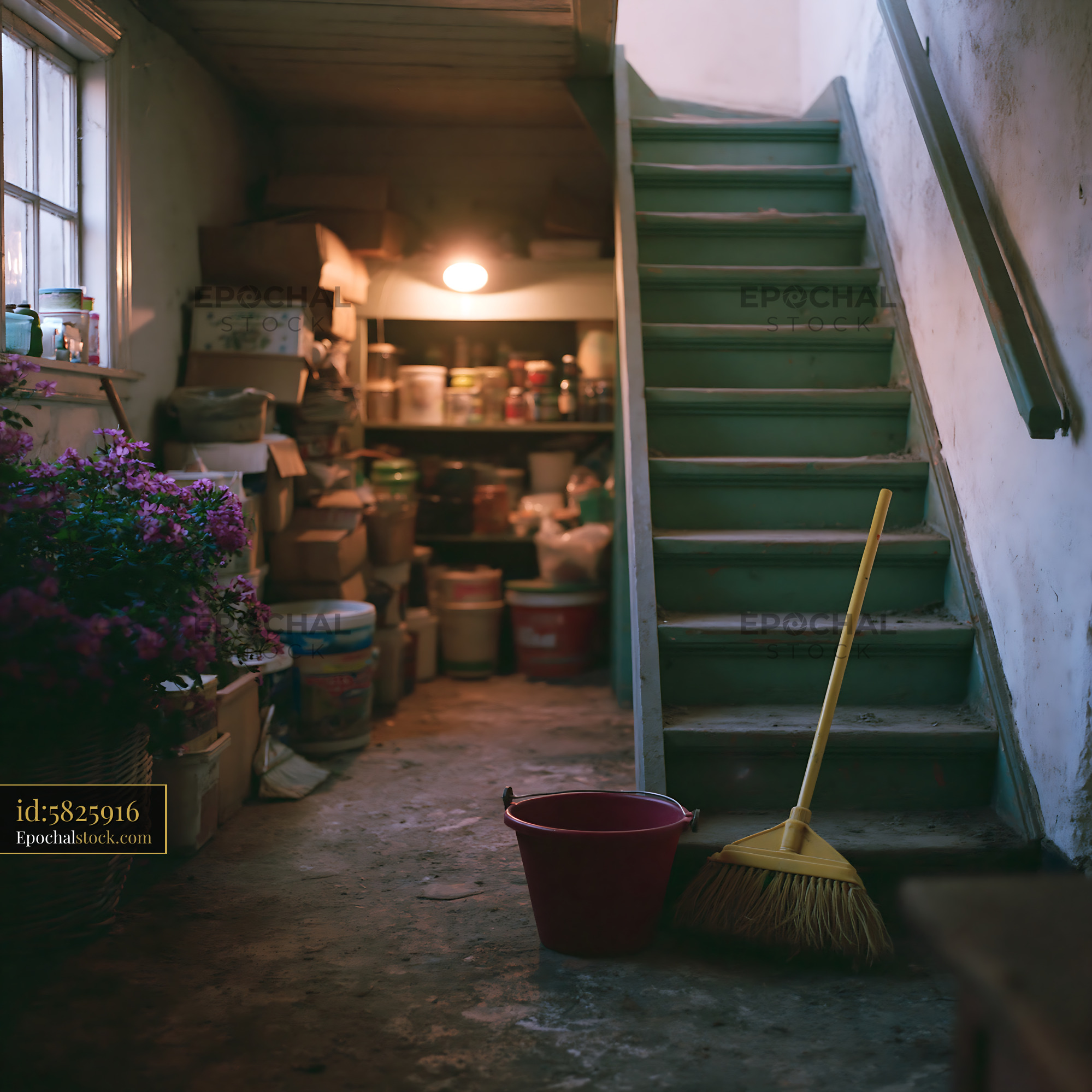 Watermarked full-resolution preview of Cleaning supplies in a basement with shelves and stairs