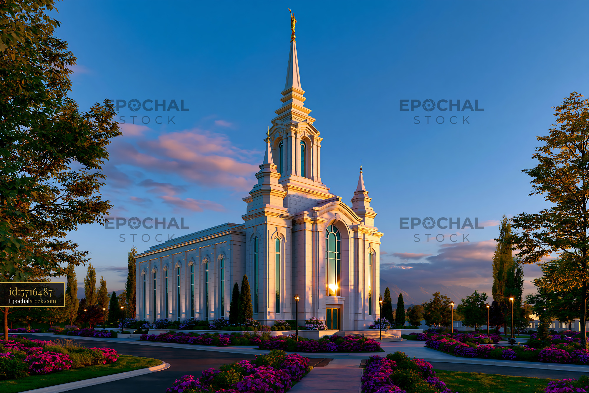 Watermarked full-resolution preview of Sunset view of a large building with a spire and colorful flowers