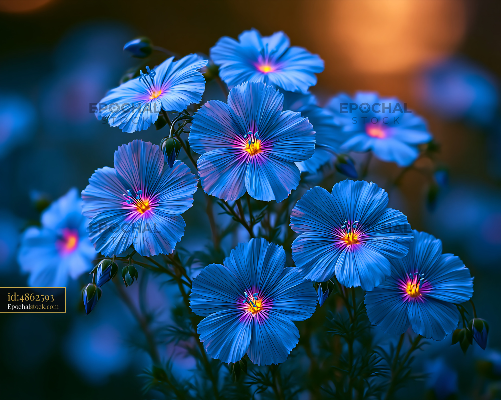 Watermarked full-resolution preview of Bright blue flowers bloom in a garden at sunset