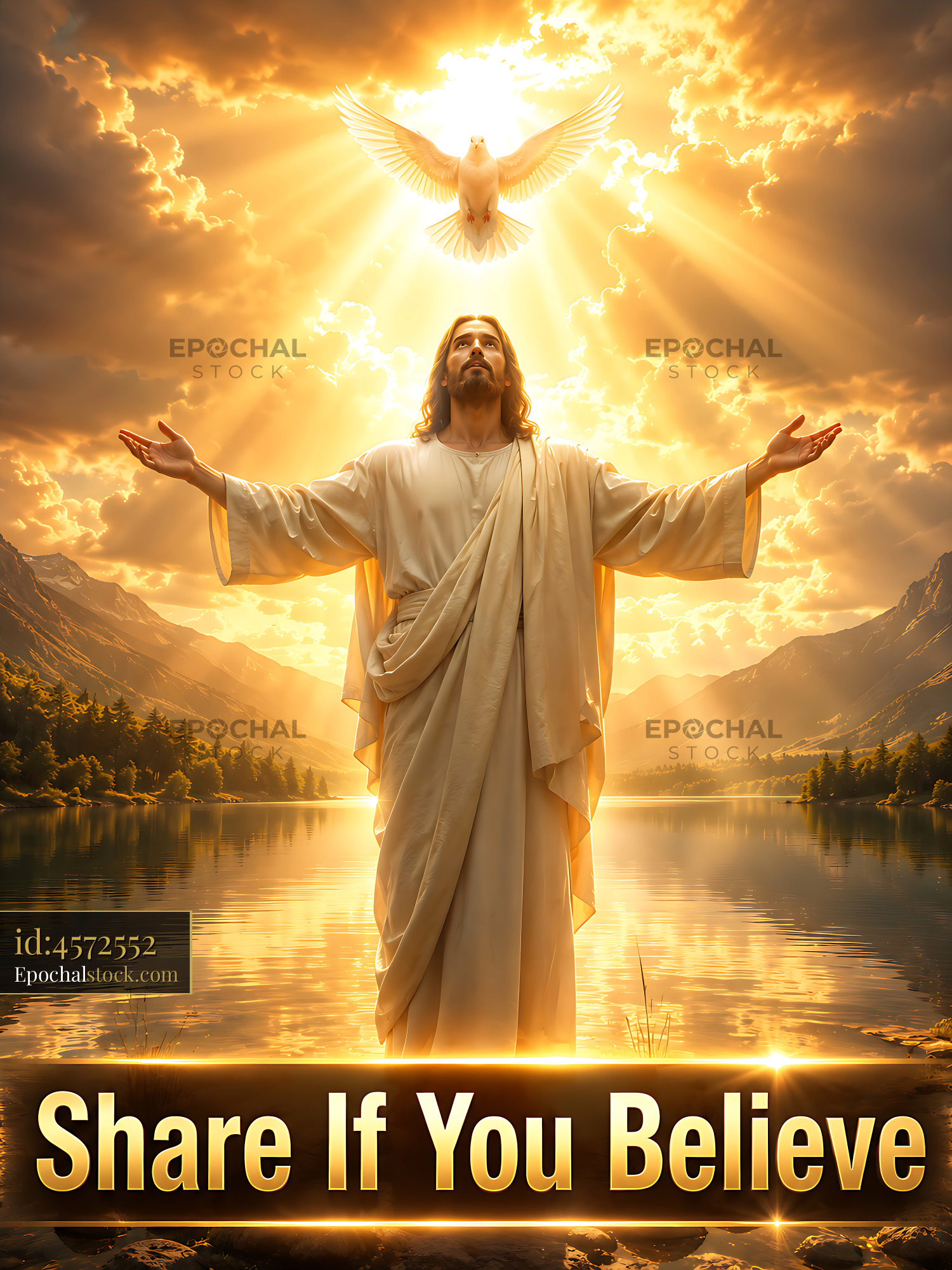 Watermarked full-resolution preview of Jesus standing near a lake with a dove above and sunlight shining